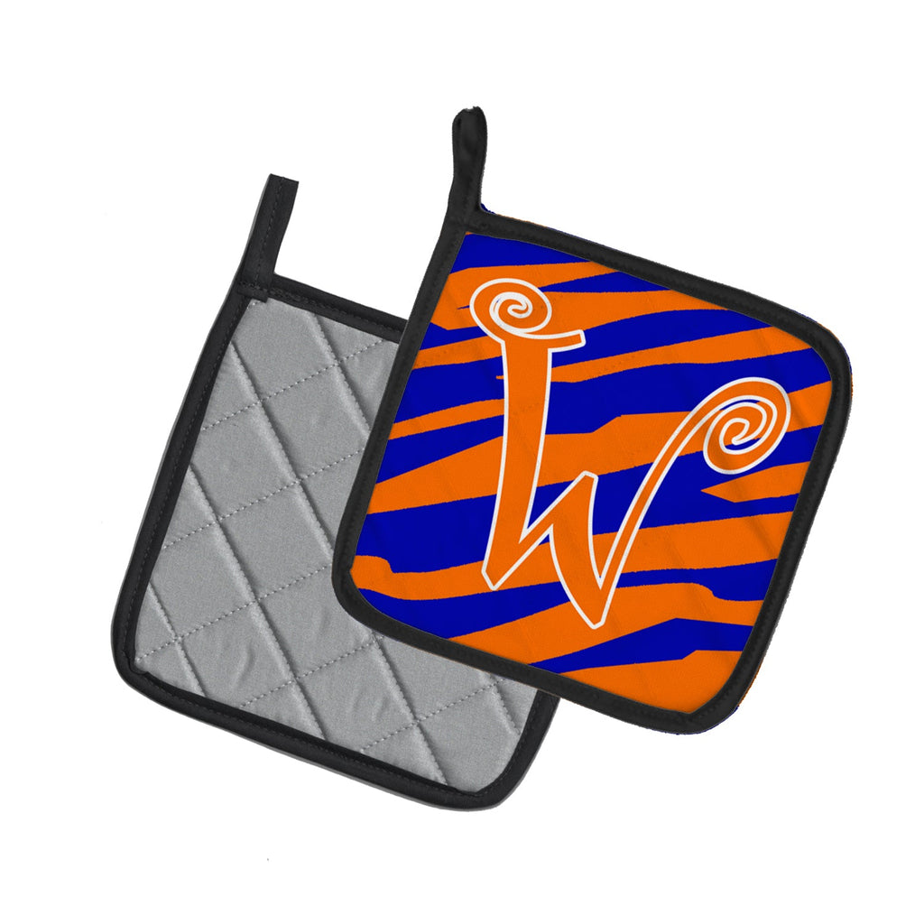 Letter W Initial  Tiger Stripe Blue and Orange Pot Holder Set of 2 Heat Resistant Quilted Hot Pads 7.5 x 7.5 Inch, Insulated Kitchen Trivets for Cooking & Baking