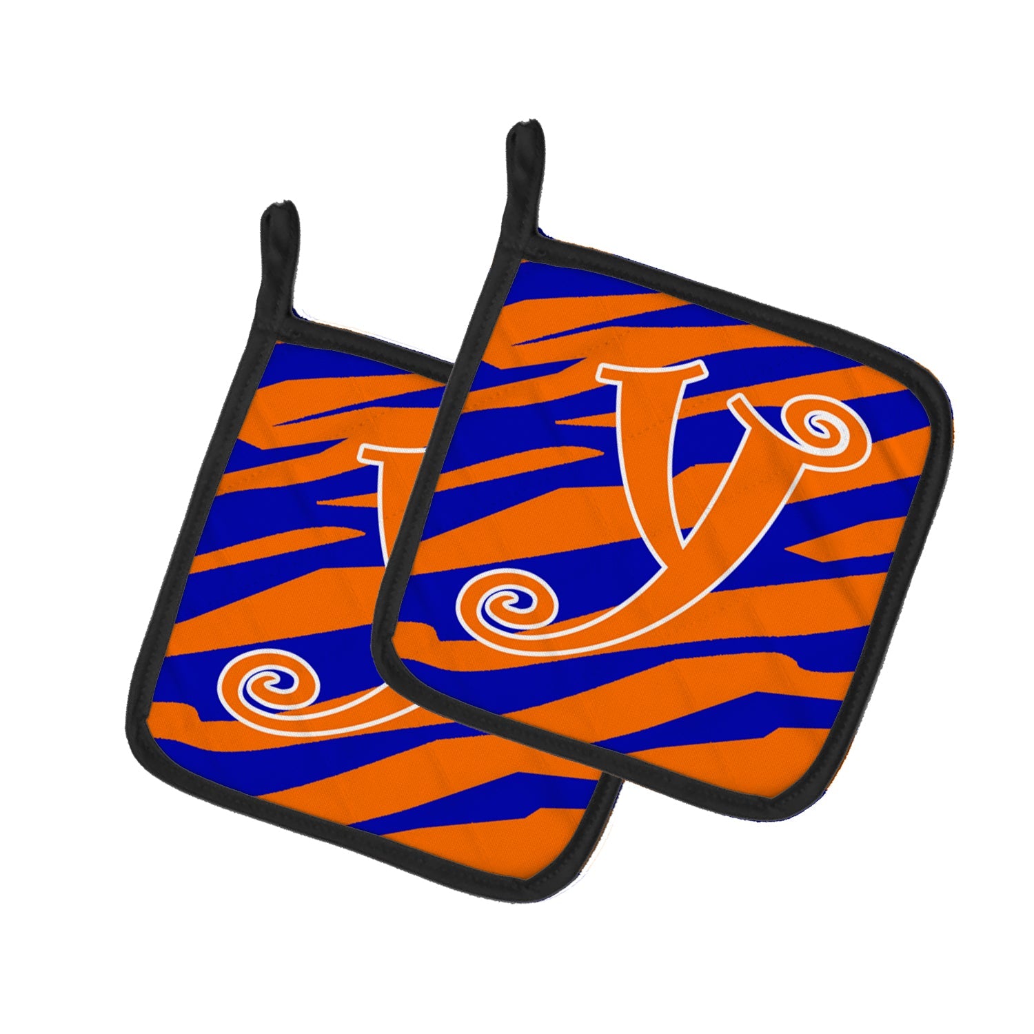 Letter Y Initial  Tiger Stripe Blue and Orange Pot Holder Set of 2 Heat Resistant Quilted Hot Pads 7.5 x 7.5 Inch, Insulated Kitchen Trivets for Cooking & Baking