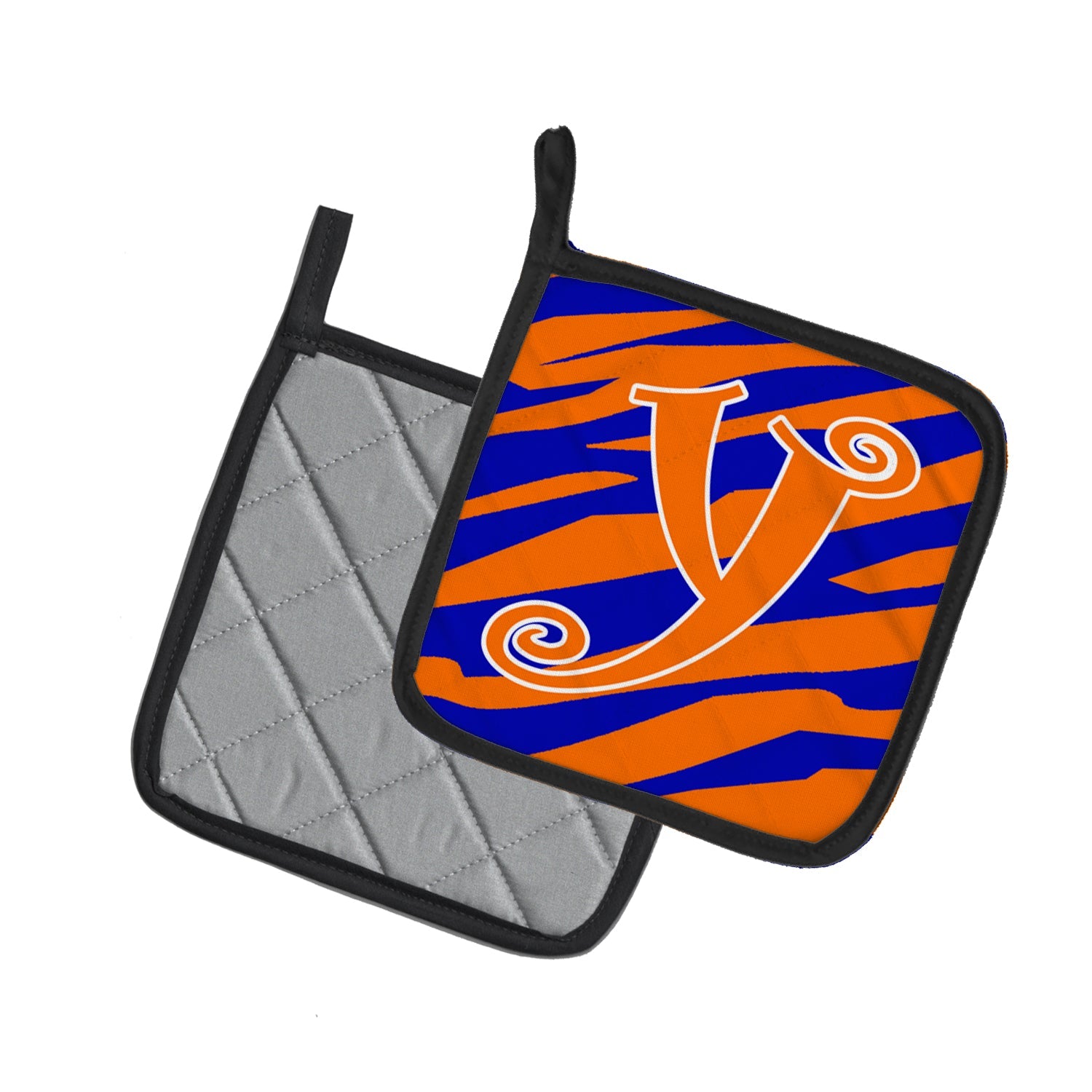 Letter Y Initial  Tiger Stripe Blue and Orange Pot Holder Set of 2 Heat Resistant Quilted Hot Pads 7.5 x 7.5 Inch, Insulated Kitchen Trivets for Cooking & Baking