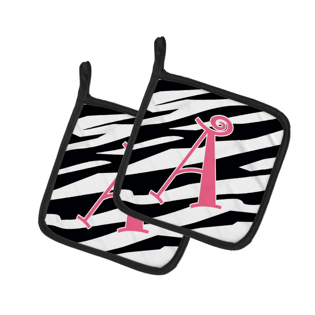 Letter A Monogram - Zebra Stripe and Pink Pot Holder Set of 2 Heat Resistant Quilted Hot Pads 7.5 x 7.5 Inch, Insulated Kitchen Trivets for Cooking & Baking