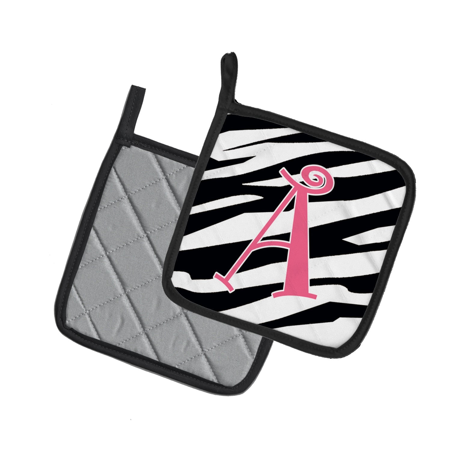Letter A Monogram - Zebra Stripe and Pink Pot Holder Set of 2 Heat Resistant Quilted Hot Pads 7.5 x 7.5 Inch, Insulated Kitchen Trivets for Cooking & Baking