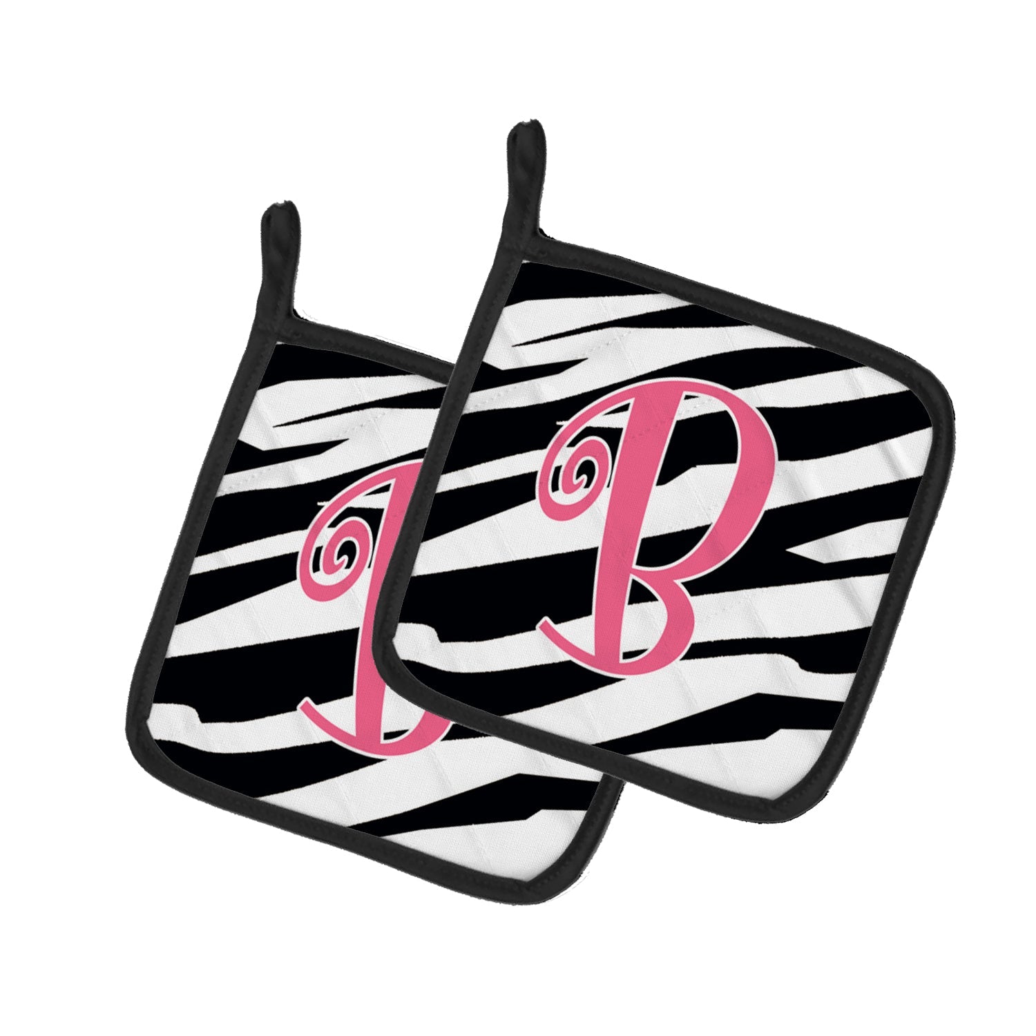 Letter B Initial Zebra Stripe and Pink Pot Holder Set of 2 Heat Resistant Quilted Hot Pads 7.5 x 7.5 Inch, Insulated Kitchen Trivets for Cooking & Baking