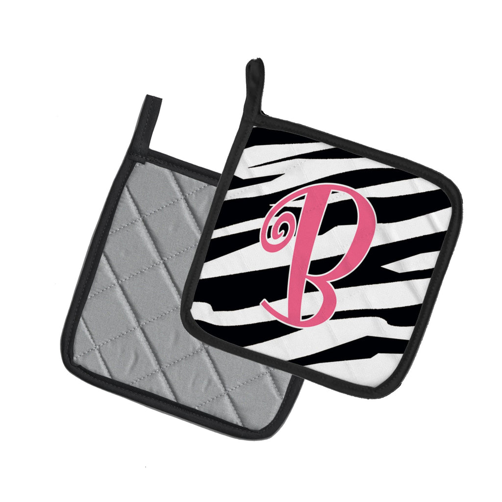 Letter B Initial Zebra Stripe and Pink Pot Holder Set of 2 Heat Resistant Quilted Hot Pads 7.5 x 7.5 Inch, Insulated Kitchen Trivets for Cooking & Baking