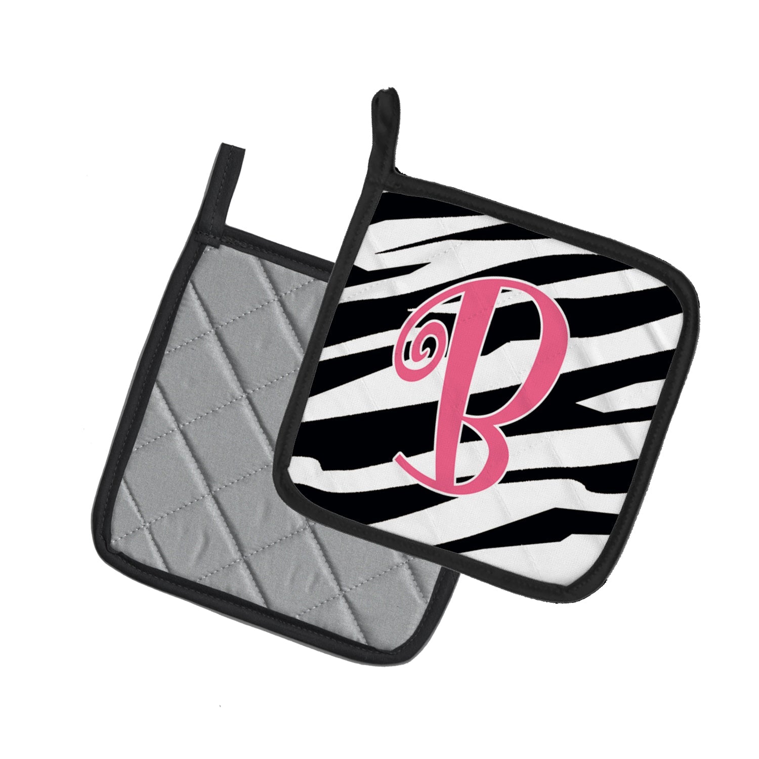 Letter B Initial Zebra Stripe and Pink Pot Holder Set of 2 Heat Resistant Quilted Hot Pads 7.5 x 7.5 Inch, Insulated Kitchen Trivets for Cooking & Baking