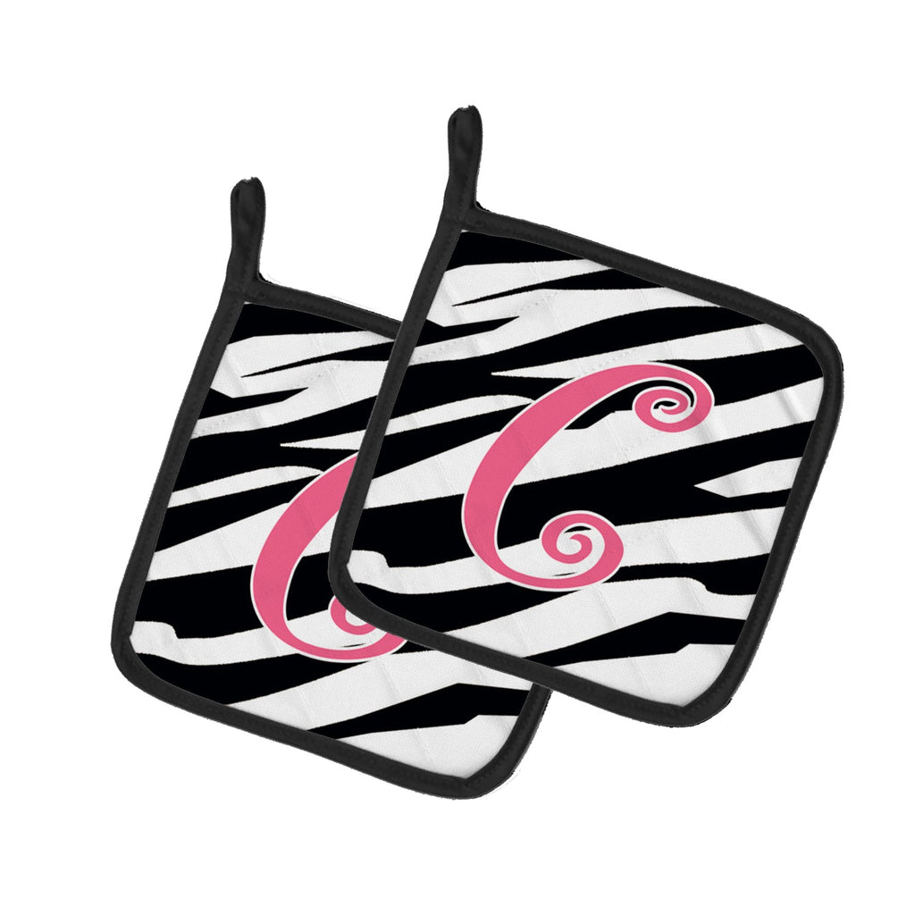 Letter C Initial Zebra Stripe and Pink Pot Holder Set of 2 Heat Resistant Quilted Hot Pads 7.5 x 7.5 Inch, Insulated Kitchen Trivets for Cooking & Baking