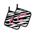 Letter C Initial Zebra Stripe and Pink Pot Holder Set of 2 Heat Resistant Quilted Hot Pads 7.5 x 7.5 Inch, Insulated Kitchen Trivets for Cooking & Baking