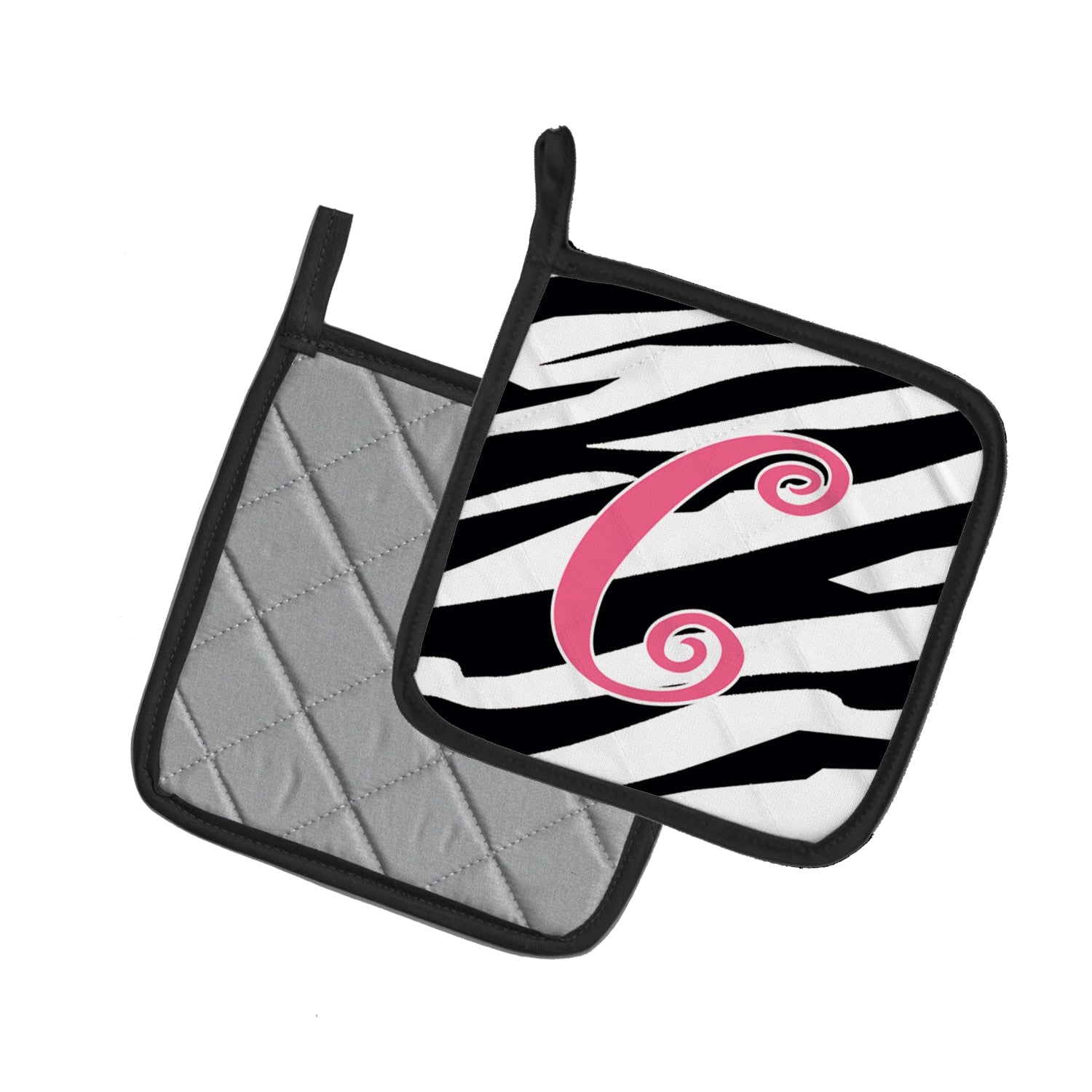 Letter C Initial Zebra Stripe and Pink Pot Holder Set of 2 Heat Resistant Quilted Hot Pads 7.5 x 7.5 Inch, Insulated Kitchen Trivets for Cooking & Baking