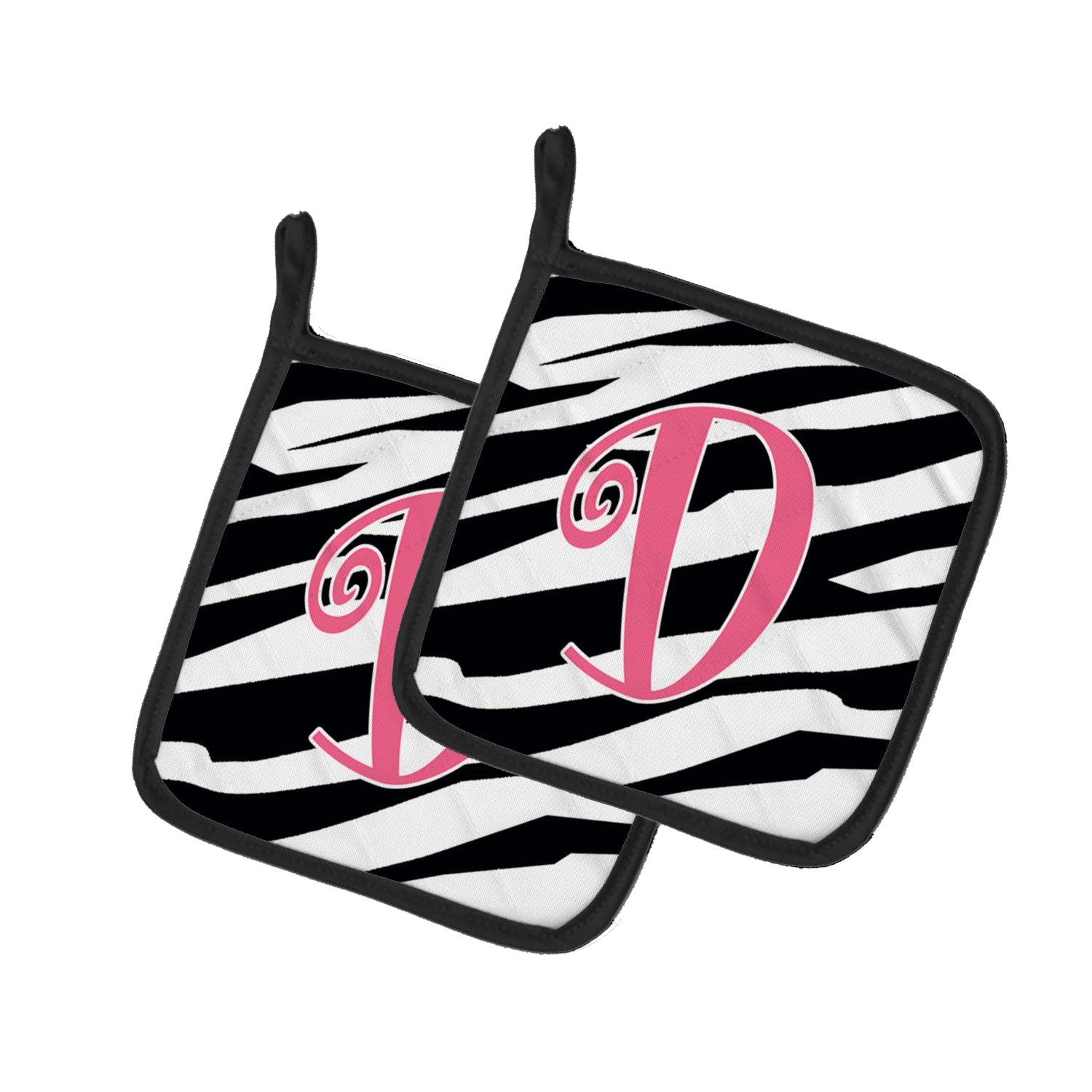 Letter D Initial Zebra Stripe and Pink Pot Holder Set of 2 Heat Resistant Quilted Hot Pads 7.5 x 7.5 Inch, Insulated Kitchen Trivets for Cooking & Baking