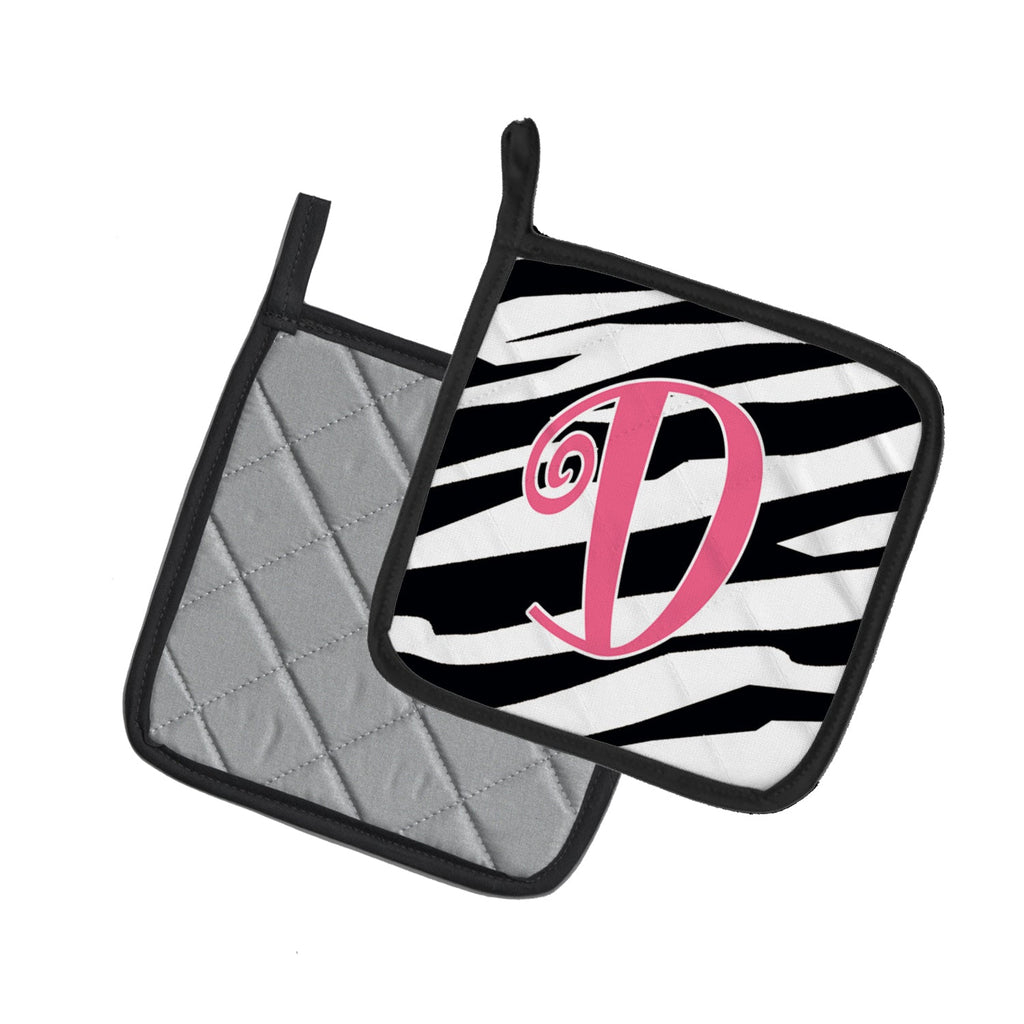 Letter D Initial Zebra Stripe and Pink Pot Holder Set of 2 Heat Resistant Quilted Hot Pads 7.5 x 7.5 Inch, Insulated Kitchen Trivets for Cooking & Baking