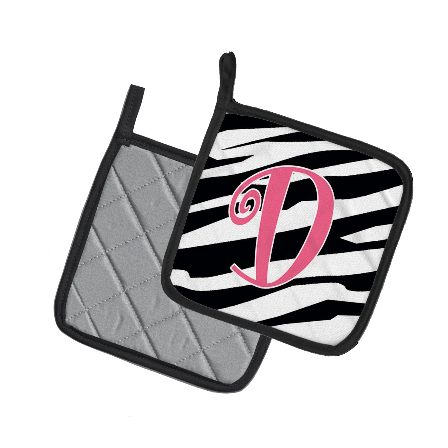 Letter D Initial Zebra Stripe and Pink Pot Holder Set of 2 Heat Resistant Quilted Hot Pads 7.5 x 7.5 Inch, Insulated Kitchen Trivets for Cooking & Baking