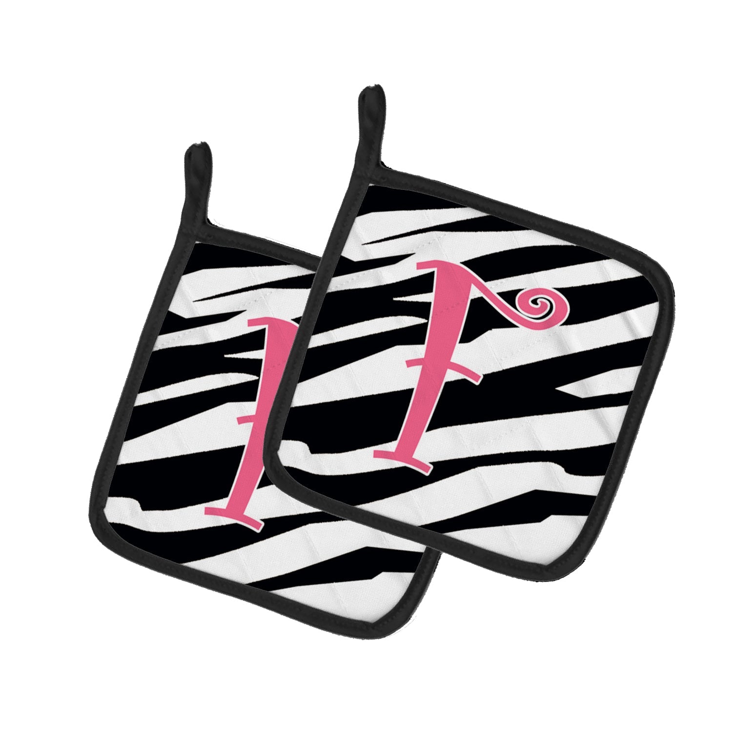 Letter F Initial  Zebra Stripe and Pink Pot Holder Set of 2 Heat Resistant Quilted Hot Pads 7.5 x 7.5 Inch, Insulated Kitchen Trivets for Cooking & Baking
