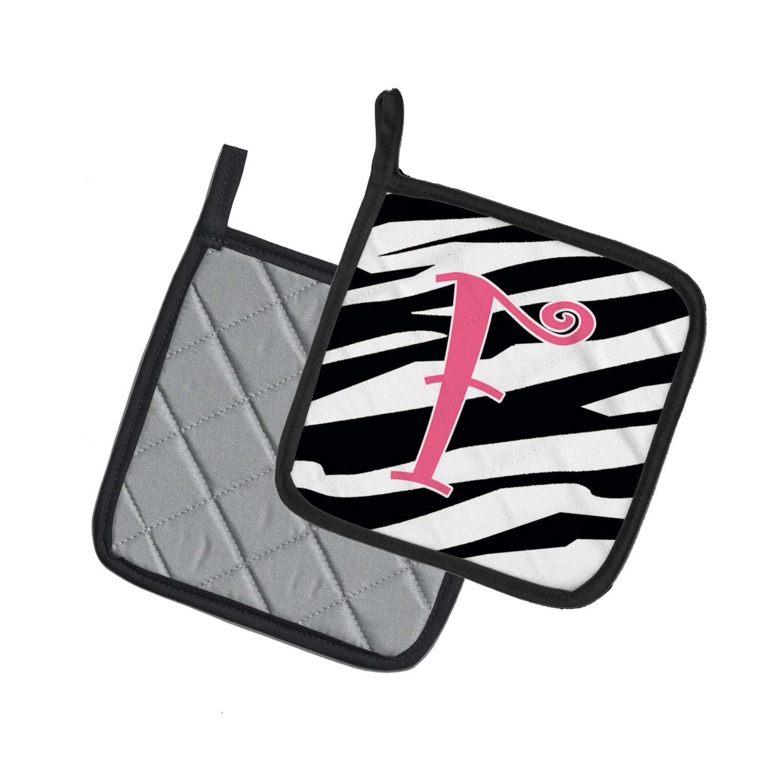 Letter F Initial  Zebra Stripe and Pink Pot Holder Set of 2 Heat Resistant Quilted Hot Pads 7.5 x 7.5 Inch, Insulated Kitchen Trivets for Cooking & Baking