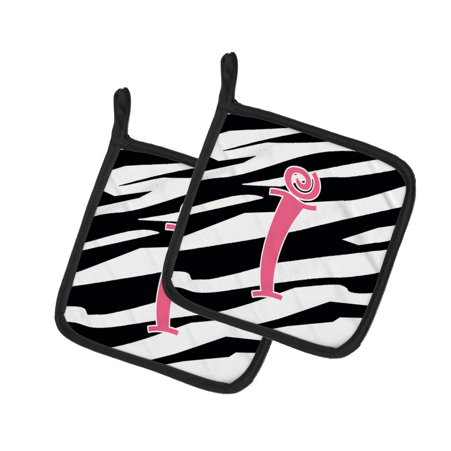 Letter I Initial  Zebra Stripe and Pink Pot Holder Set of 2 Heat Resistant Quilted Hot Pads 7.5 x 7.5 Inch, Insulated Kitchen Trivets for Cooking & Baking