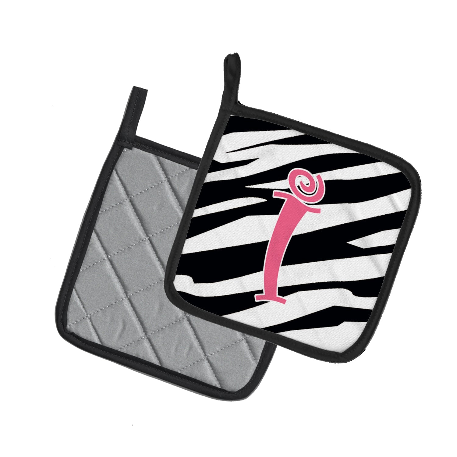 Letter I Initial  Zebra Stripe and Pink Pot Holder Set of 2 Heat Resistant Quilted Hot Pads 7.5 x 7.5 Inch, Insulated Kitchen Trivets for Cooking & Baking