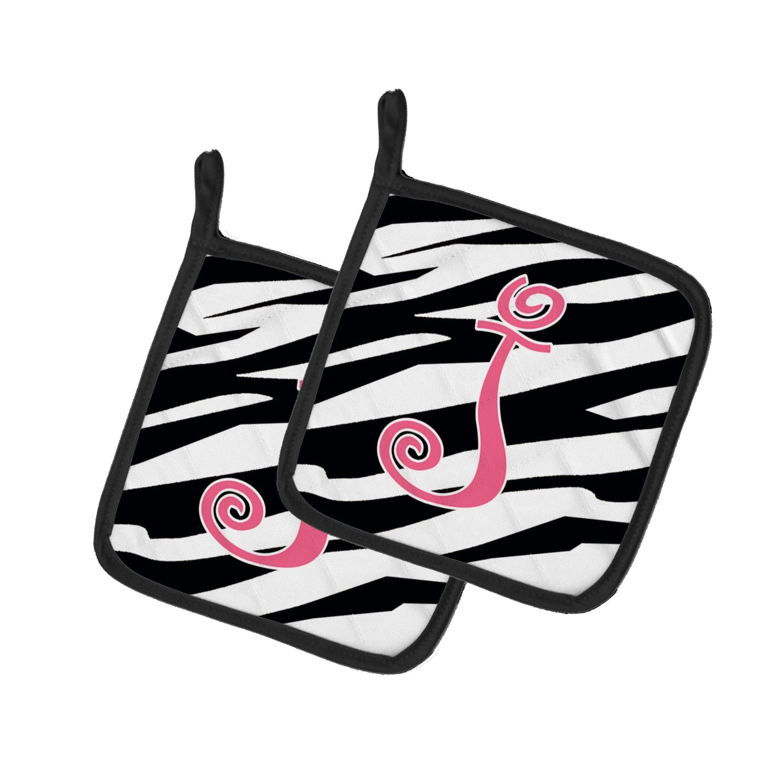 Letter J Initial Zebra Stripe and Pink Pot Holder Set of 2 Heat Resistant Quilted Hot Pads 7.5 x 7.5 Inch, Insulated Kitchen Trivets for Cooking & Baking