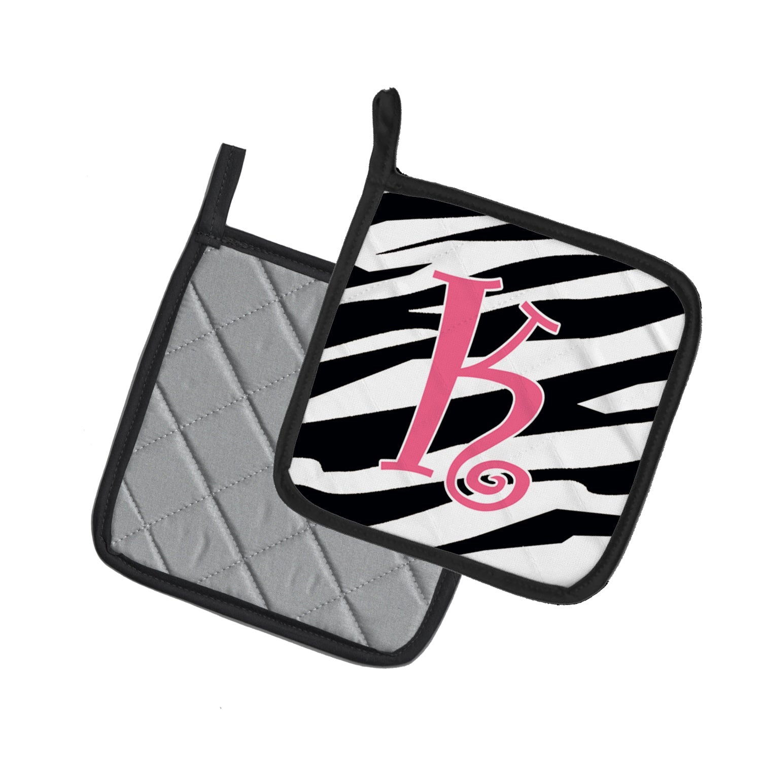 Letter K Initial  Zebra Stripe and Pink Pot Holder Set of 2 Heat Resistant Quilted Hot Pads 7.5 x 7.5 Inch, Insulated Kitchen Trivets for Cooking & Baking
