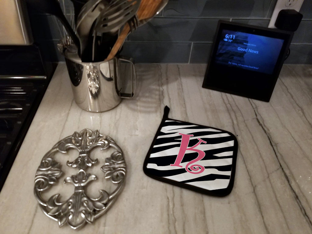 Letter K Initial  Zebra Stripe and Pink Pot Holder Set of 2 Heat Resistant Quilted Hot Pads 7.5 x 7.5 Inch, Insulated Kitchen Trivets for Cooking & Baking