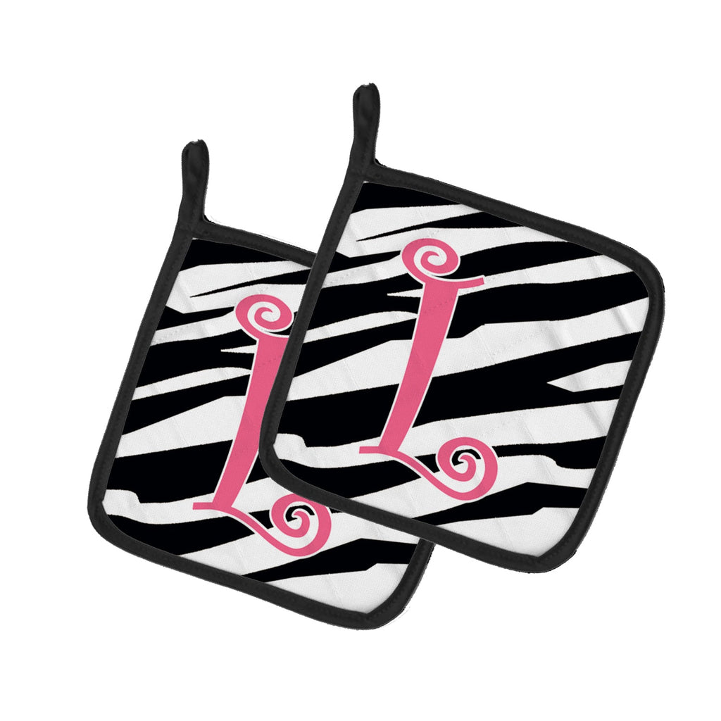 Letter L Initial  Zebra Stripe and Pink Pot Holder Set of 2 Heat Resistant Quilted Hot Pads 7.5 x 7.5 Inch, Insulated Kitchen Trivets for Cooking & Baking