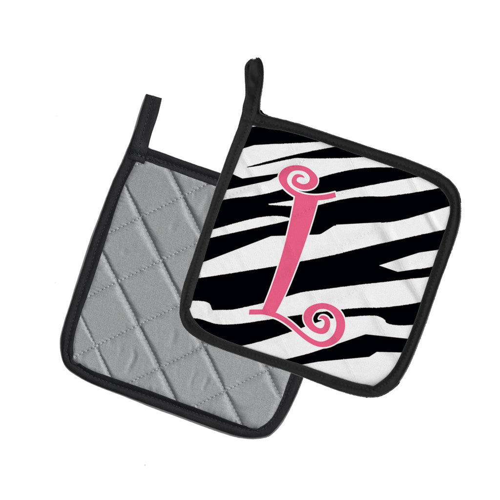 Letter L Initial  Zebra Stripe and Pink Pot Holder Set of 2 Heat Resistant Quilted Hot Pads 7.5 x 7.5 Inch, Insulated Kitchen Trivets for Cooking & Baking