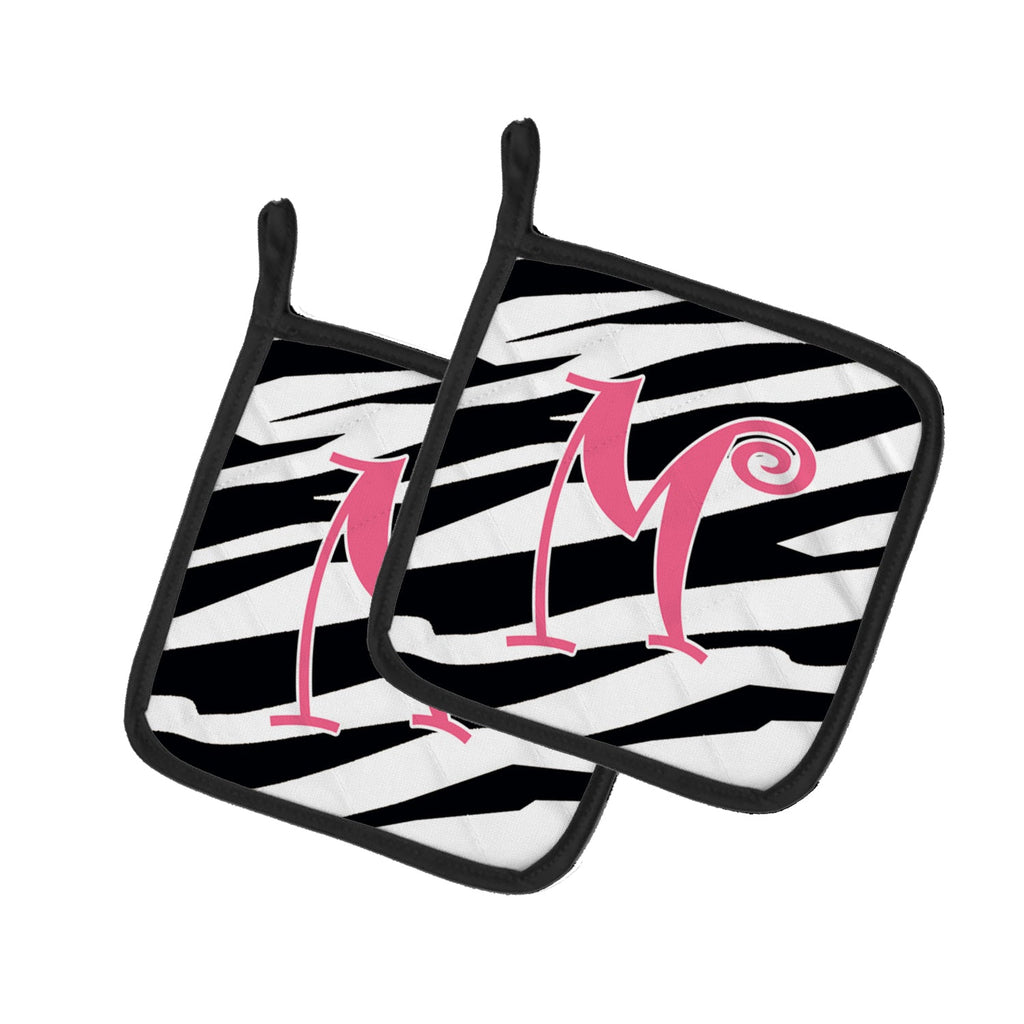 Letter M Initial  Zebra Stripe and Pink Pot Holder Set of 2 Heat Resistant Quilted Hot Pads 7.5 x 7.5 Inch, Insulated Kitchen Trivets for Cooking & Baking
