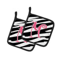 Letter M Initial  Zebra Stripe and Pink Pot Holder Set of 2 Heat Resistant Quilted Hot Pads 7.5 x 7.5 Inch, Insulated Kitchen Trivets for Cooking & Baking
