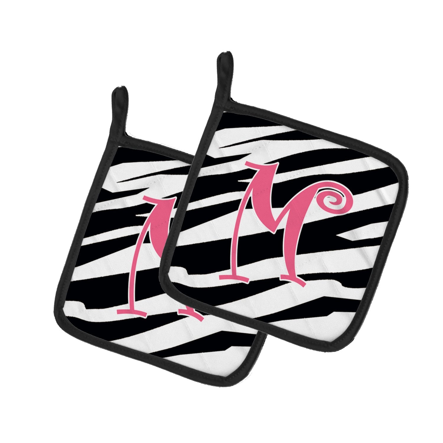 Letter M Initial  Zebra Stripe and Pink Pot Holder Set of 2 Heat Resistant Quilted Hot Pads 7.5 x 7.5 Inch, Insulated Kitchen Trivets for Cooking & Baking