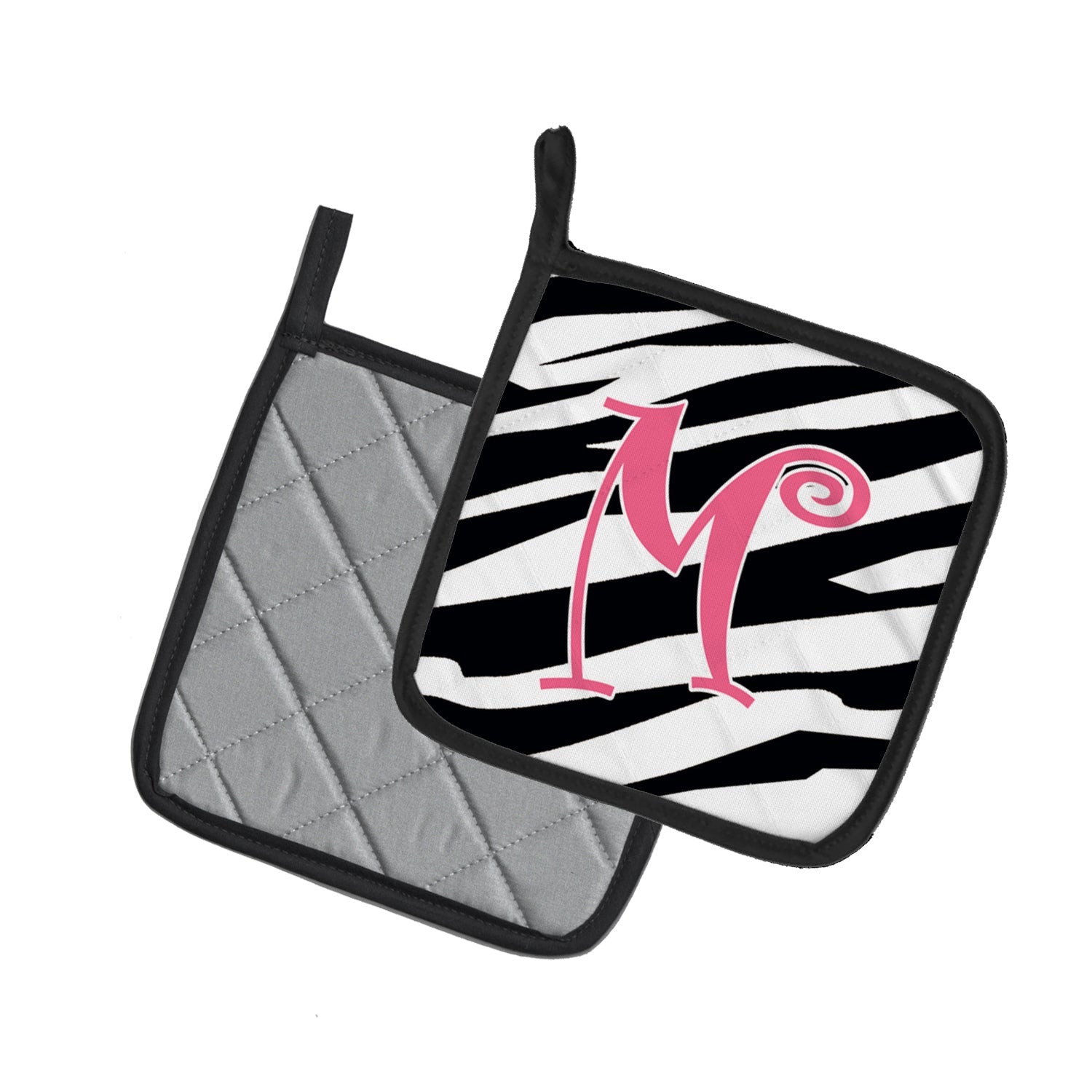 Letter M Initial  Zebra Stripe and Pink Pot Holder Set of 2 Heat Resistant Quilted Hot Pads 7.5 x 7.5 Inch, Insulated Kitchen Trivets for Cooking & Baking