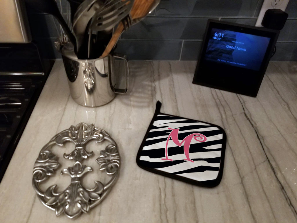 Letter M Initial  Zebra Stripe and Pink Pot Holder Set of 2 Heat Resistant Quilted Hot Pads 7.5 x 7.5 Inch, Insulated Kitchen Trivets for Cooking & Baking