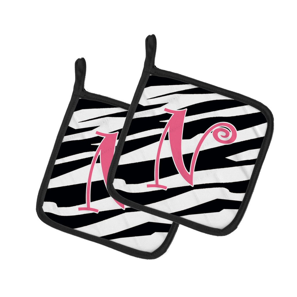 Letter N Initial Zebra Stripe and Pink Pot Holder Set of 2 Heat Resistant Quilted Hot Pads 7.5 x 7.5 Inch, Insulated Kitchen Trivets for Cooking & Baking