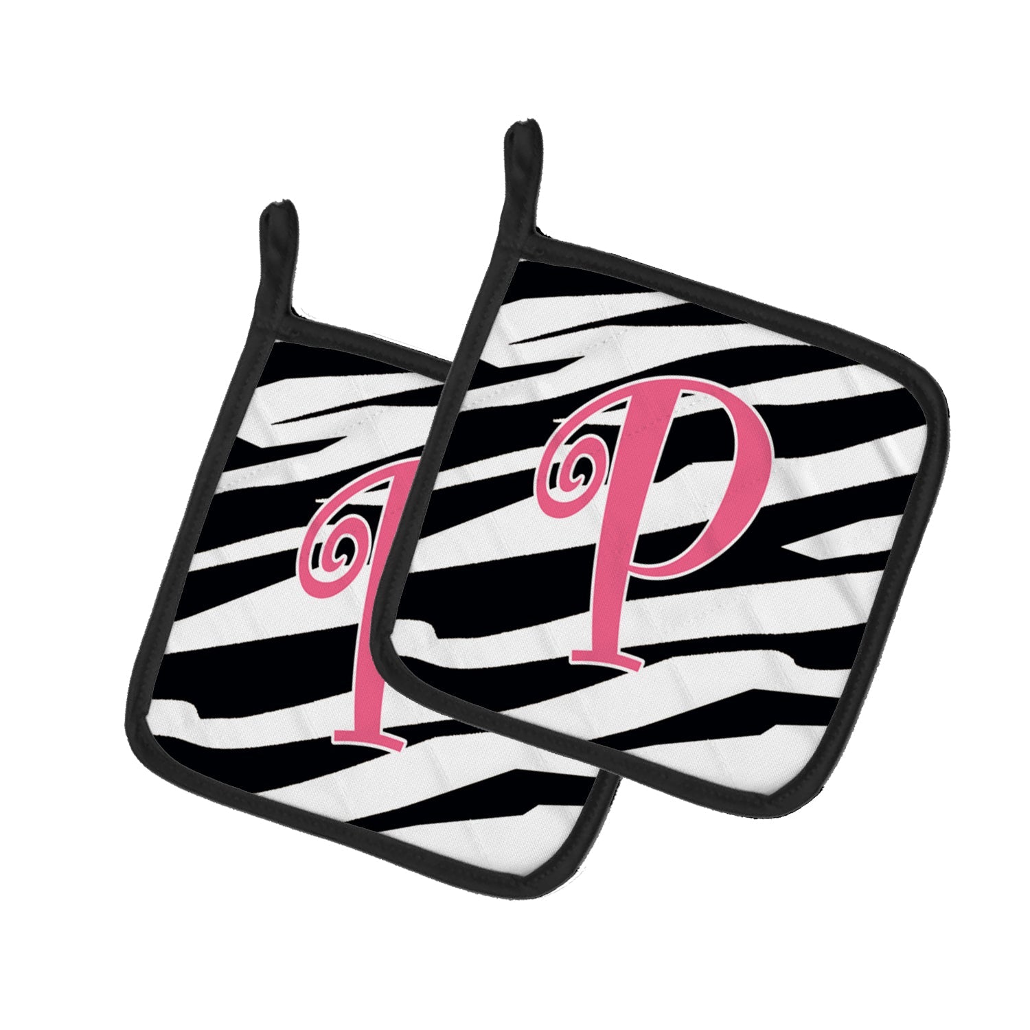 Letter P Initial  Zebra Stripe and Pink Pot Holder Set of 2 Heat Resistant Quilted Hot Pads 7.5 x 7.5 Inch, Insulated Kitchen Trivets for Cooking & Baking