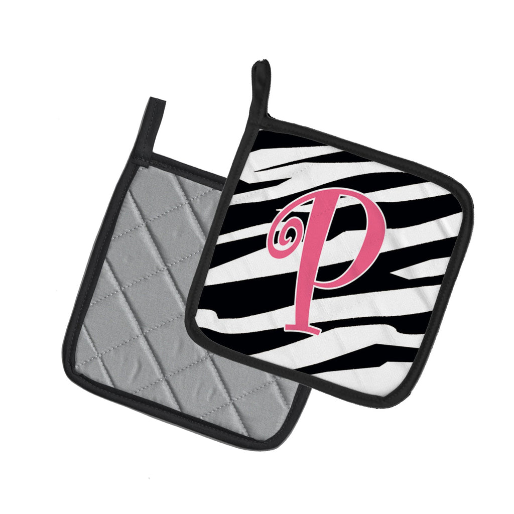 Letter P Initial  Zebra Stripe and Pink Pot Holder Set of 2 Heat Resistant Quilted Hot Pads 7.5 x 7.5 Inch, Insulated Kitchen Trivets for Cooking & Baking