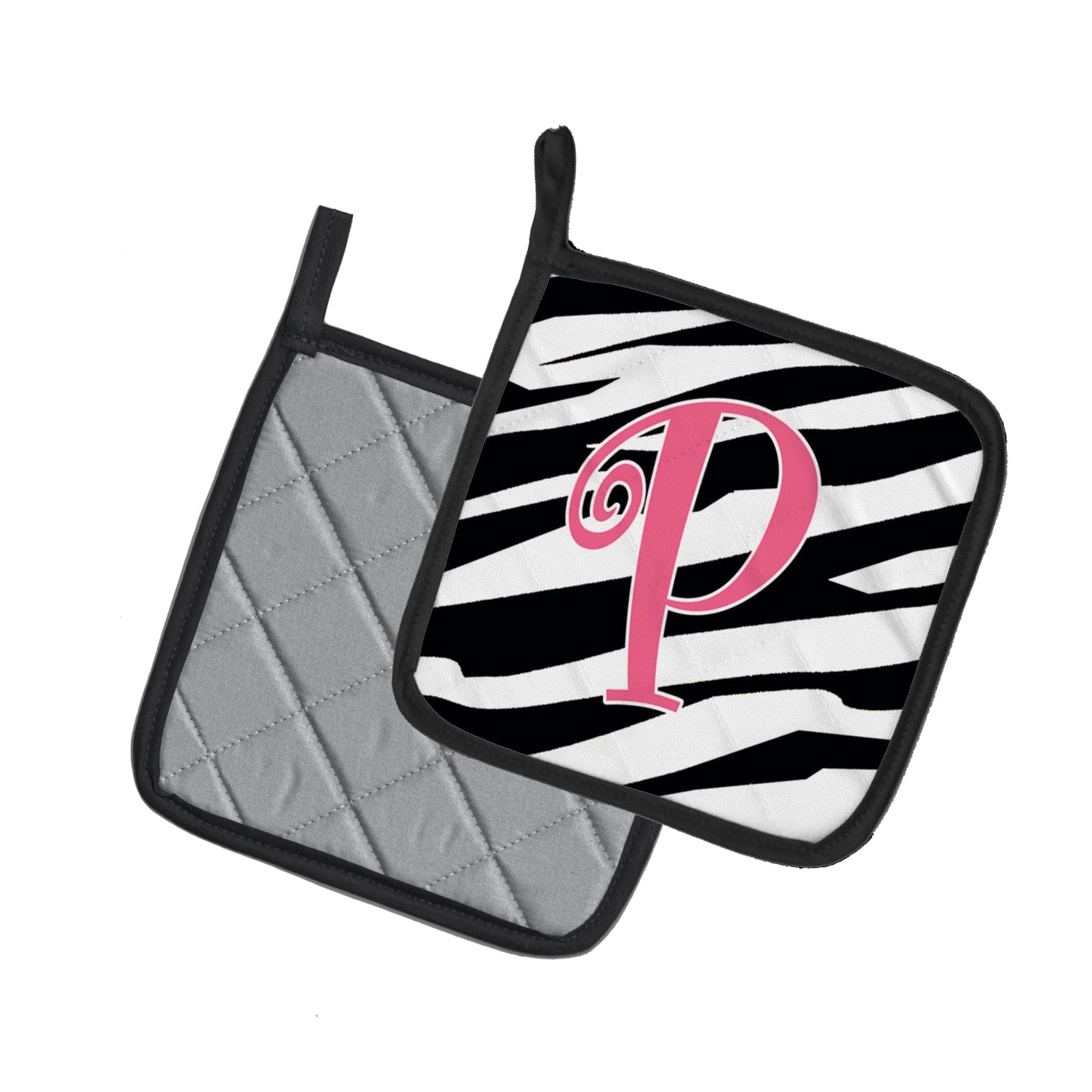 Letter P Initial  Zebra Stripe and Pink Pot Holder Set of 2 Heat Resistant Quilted Hot Pads 7.5 x 7.5 Inch, Insulated Kitchen Trivets for Cooking & Baking