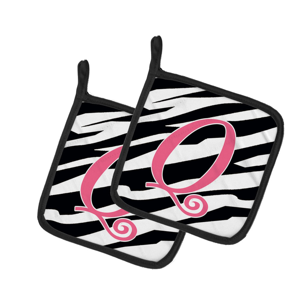 Letter Q Initial  Zebra Stripe and Pink Pot Holder Set of 2 Heat Resistant Quilted Hot Pads 7.5 x 7.5 Inch, Insulated Kitchen Trivets for Cooking & Baking