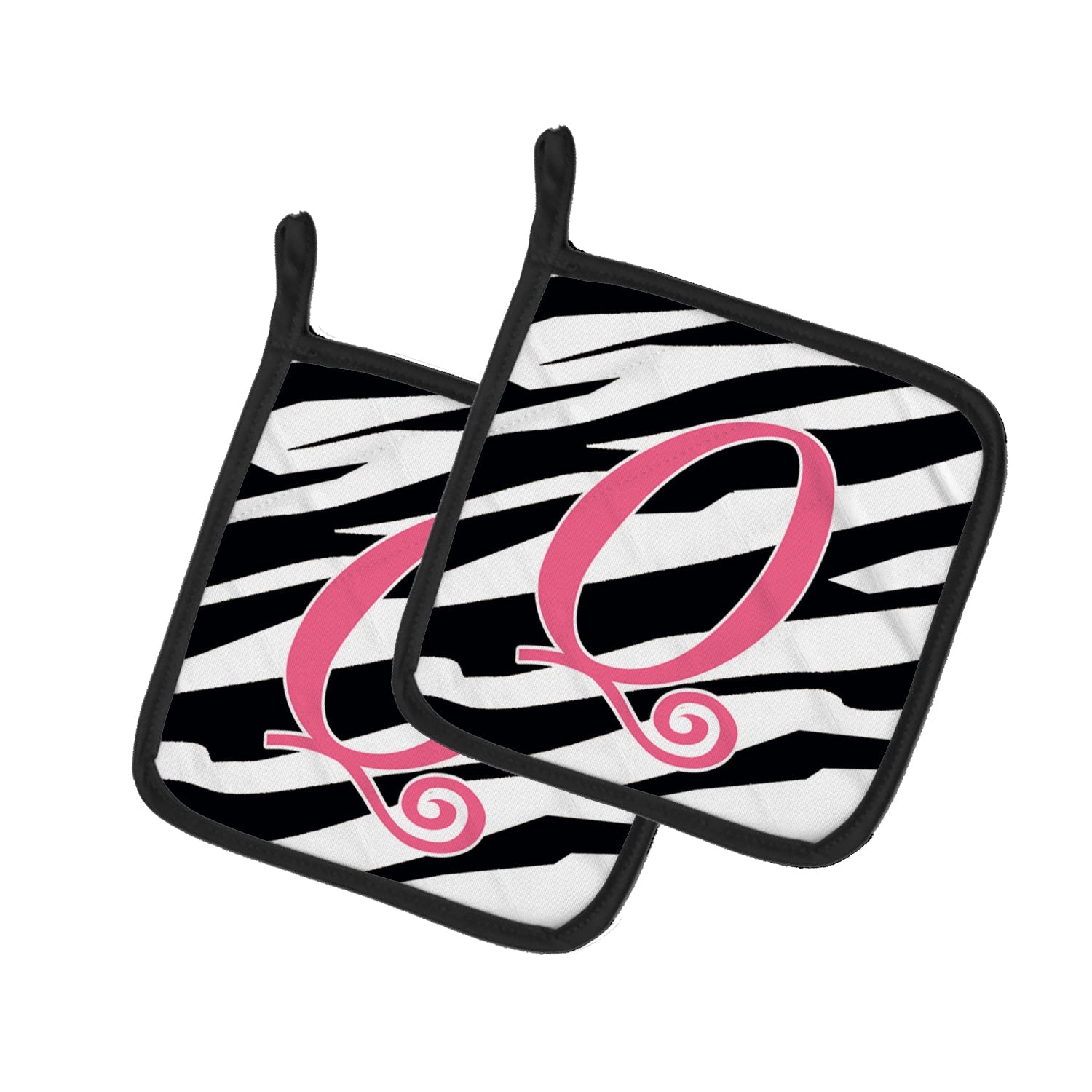 Letter Q Initial  Zebra Stripe and Pink Pot Holder Set of 2 Heat Resistant Quilted Hot Pads 7.5 x 7.5 Inch, Insulated Kitchen Trivets for Cooking & Baking