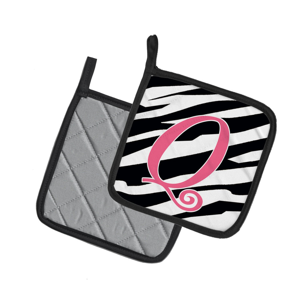 Letter Q Initial  Zebra Stripe and Pink Pot Holder Set of 2 Heat Resistant Quilted Hot Pads 7.5 x 7.5 Inch, Insulated Kitchen Trivets for Cooking & Baking