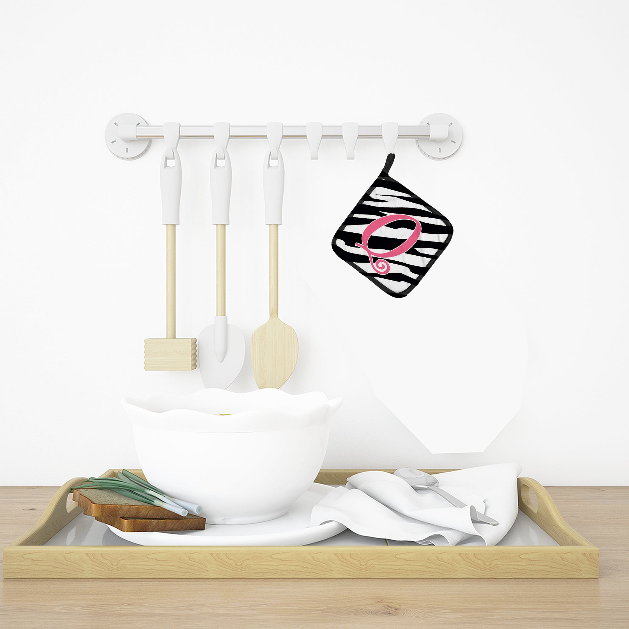 Letter Q Initial  Zebra Stripe and Pink Pot Holder Set of 2 Heat Resistant Quilted Hot Pads 7.5 x 7.5 Inch, Insulated Kitchen Trivets for Cooking & Baking