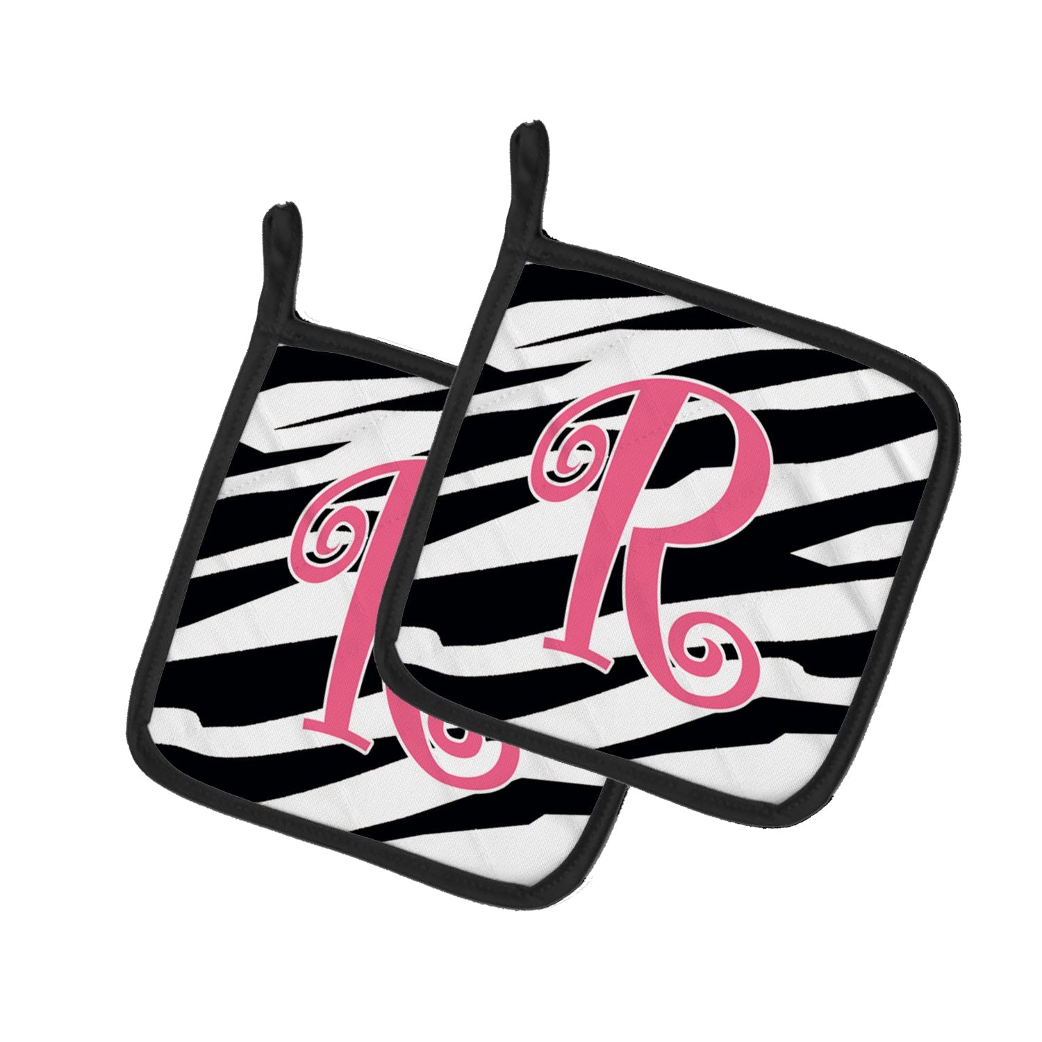 Letter R Initial  Zebra Stripe and Pink Pot Holder Set of 2 Heat Resistant Quilted Hot Pads 7.5 x 7.5 Inch, Insulated Kitchen Trivets for Cooking & Baking