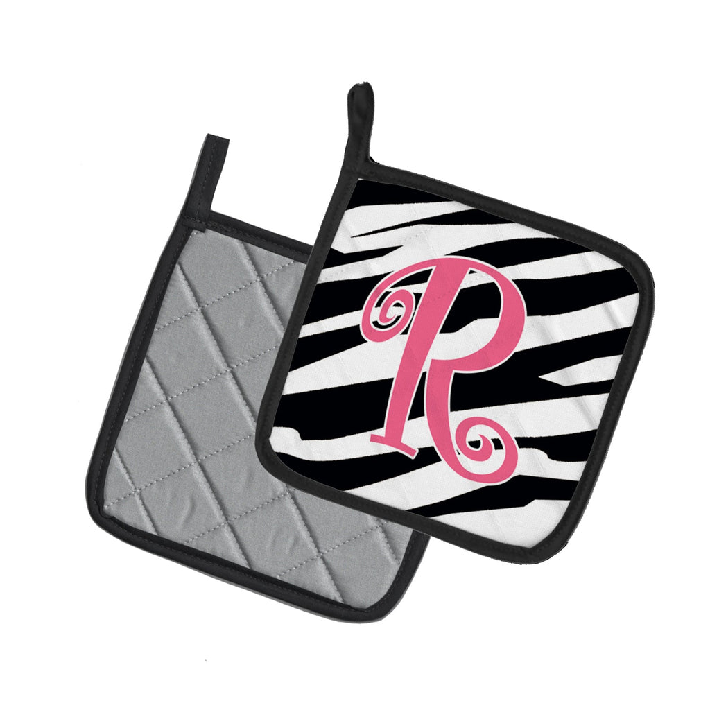 Letter R Initial  Zebra Stripe and Pink Pot Holder Set of 2 Heat Resistant Quilted Hot Pads 7.5 x 7.5 Inch, Insulated Kitchen Trivets for Cooking & Baking