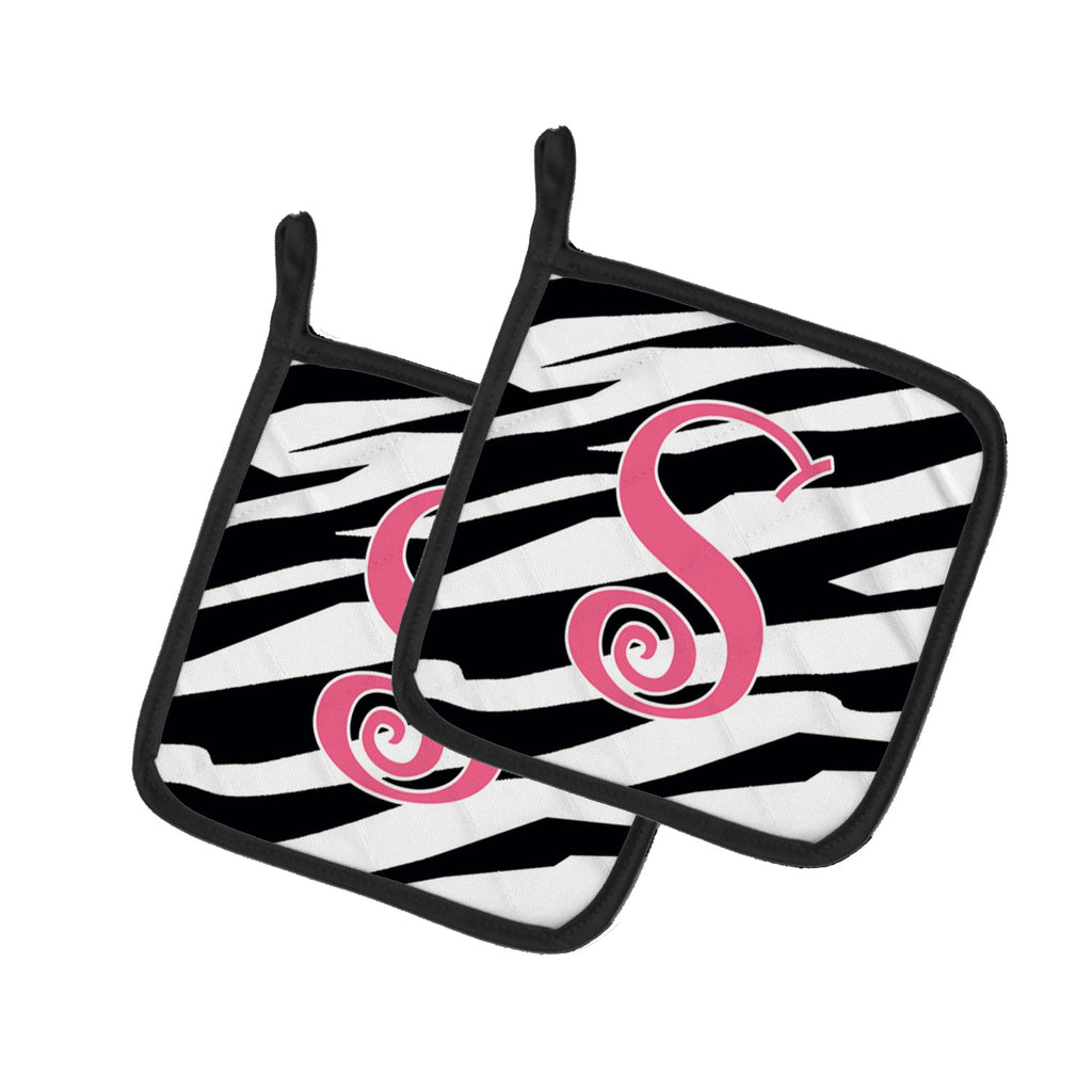Letter S Initial Zebra Stripe and Pink Pot Holder Set of 2 Heat Resistant Quilted Hot Pads 7.5 x 7.5 Inch, Insulated Kitchen Trivets for Cooking & Baking