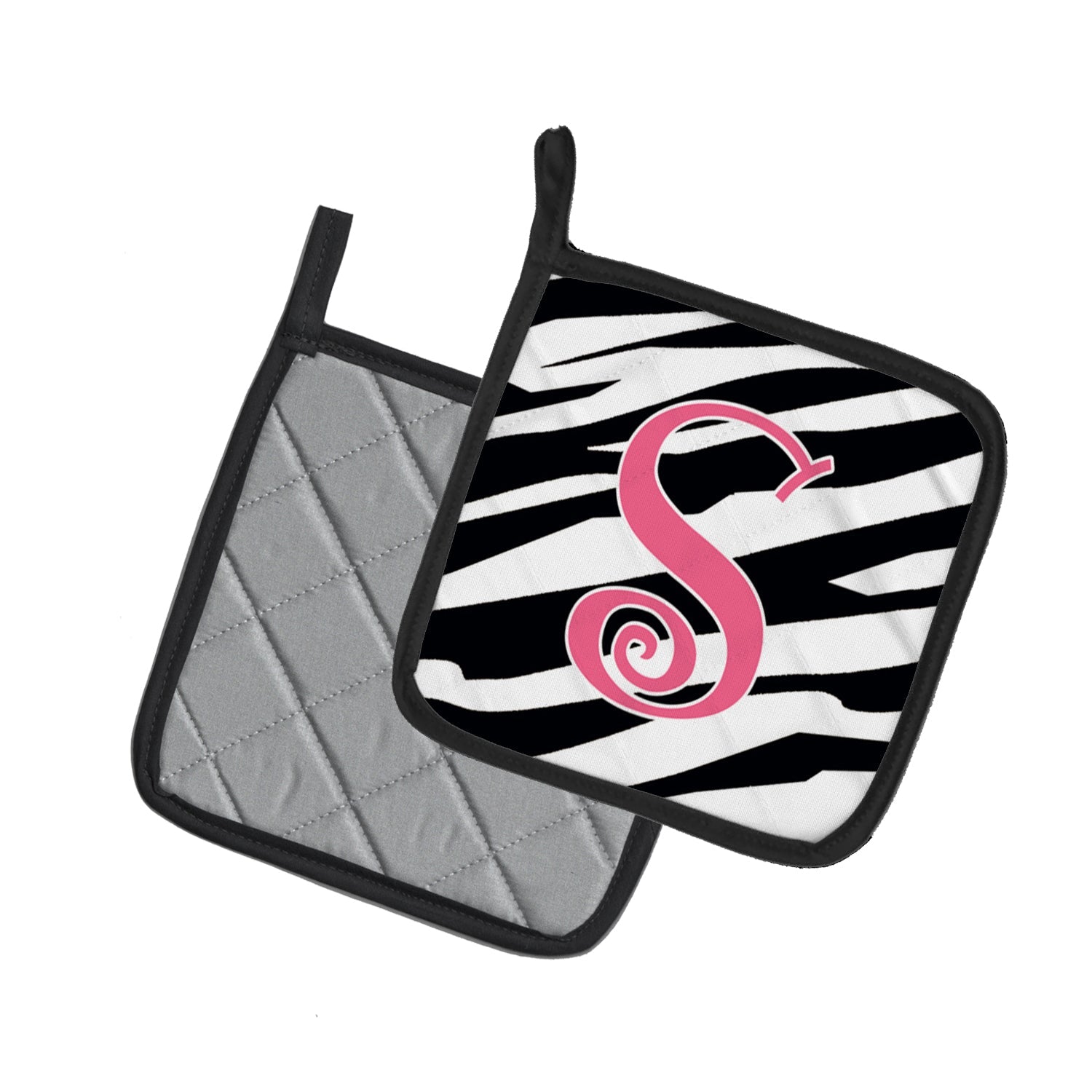 Letter S Initial Zebra Stripe and Pink Pot Holder Set of 2 Heat Resistant Quilted Hot Pads 7.5 x 7.5 Inch, Insulated Kitchen Trivets for Cooking & Baking