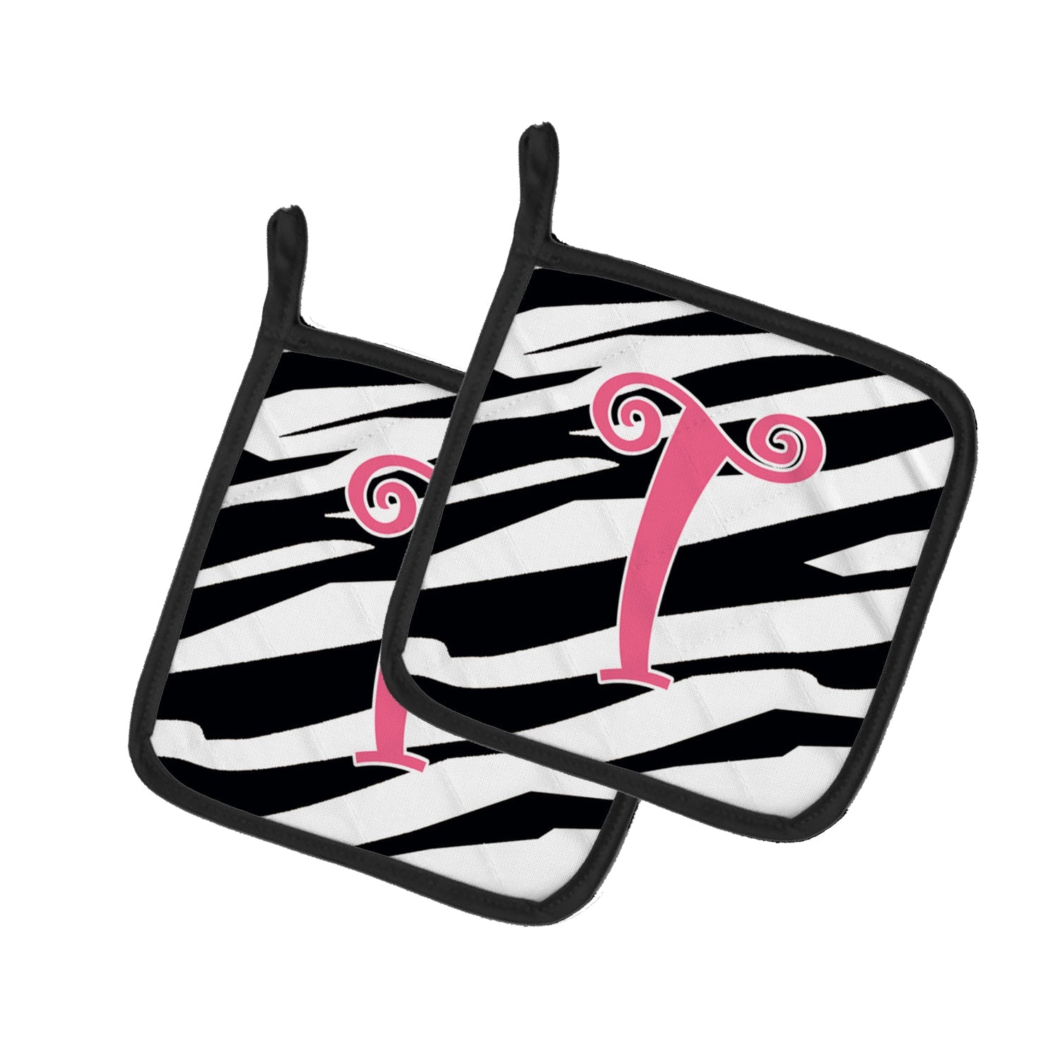 Letter T Initial  Zebra Stripe and Pink Pot Holder Set of 2 Heat Resistant Quilted Hot Pads 7.5 x 7.5 Inch, Insulated Kitchen Trivets for Cooking & Baking