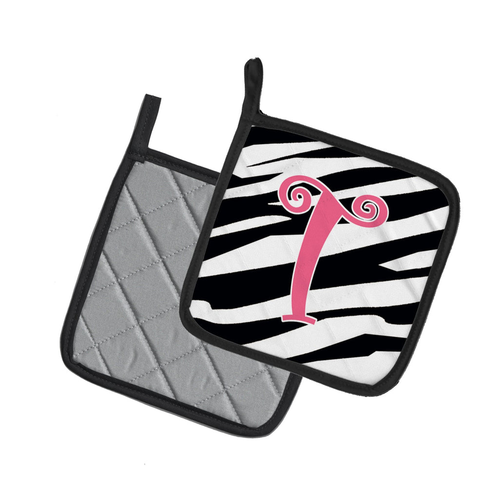 Letter T Initial  Zebra Stripe and Pink Pot Holder Set of 2 Heat Resistant Quilted Hot Pads 7.5 x 7.5 Inch, Insulated Kitchen Trivets for Cooking & Baking