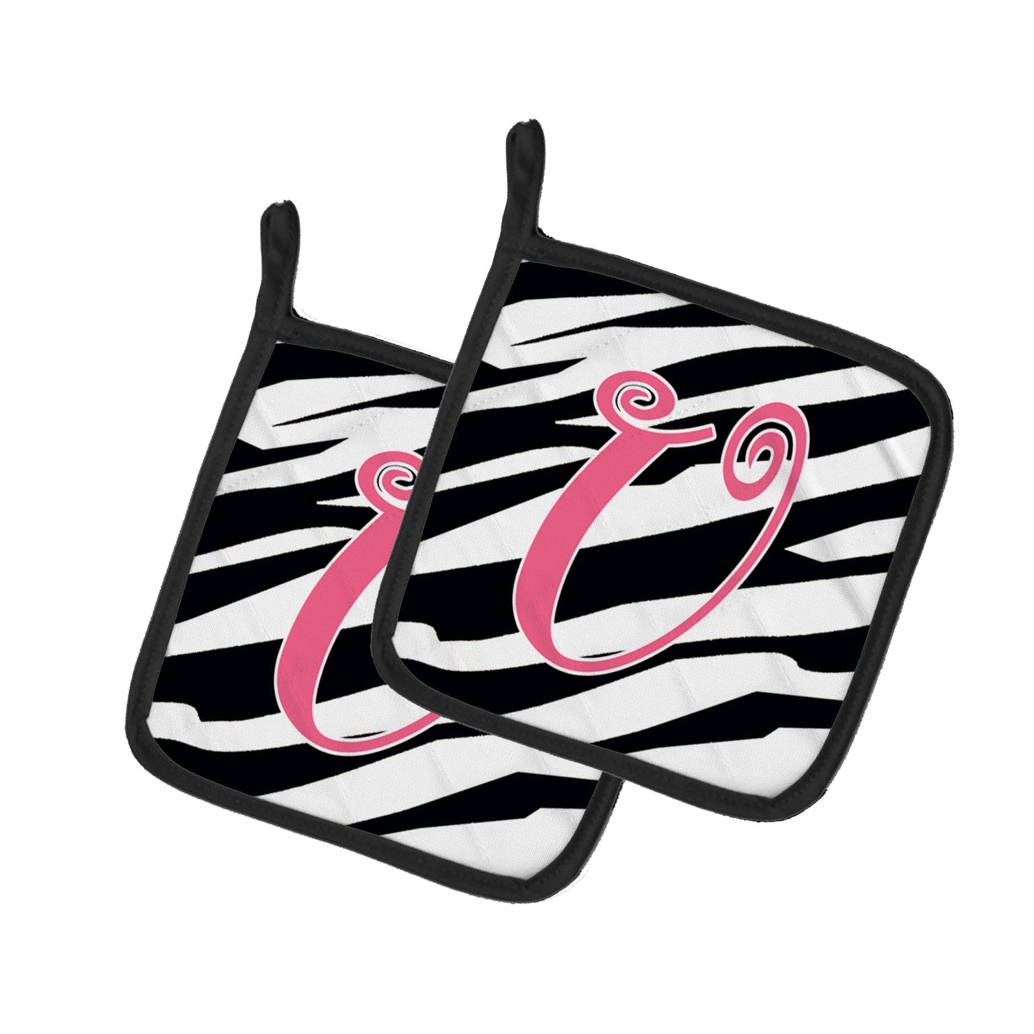Letter U Initial Zebra Stripe and Pink Pot Holder Set of 2 Heat Resistant Quilted Hot Pads 7.5 x 7.5 Inch, Insulated Kitchen Trivets for Cooking & Baking