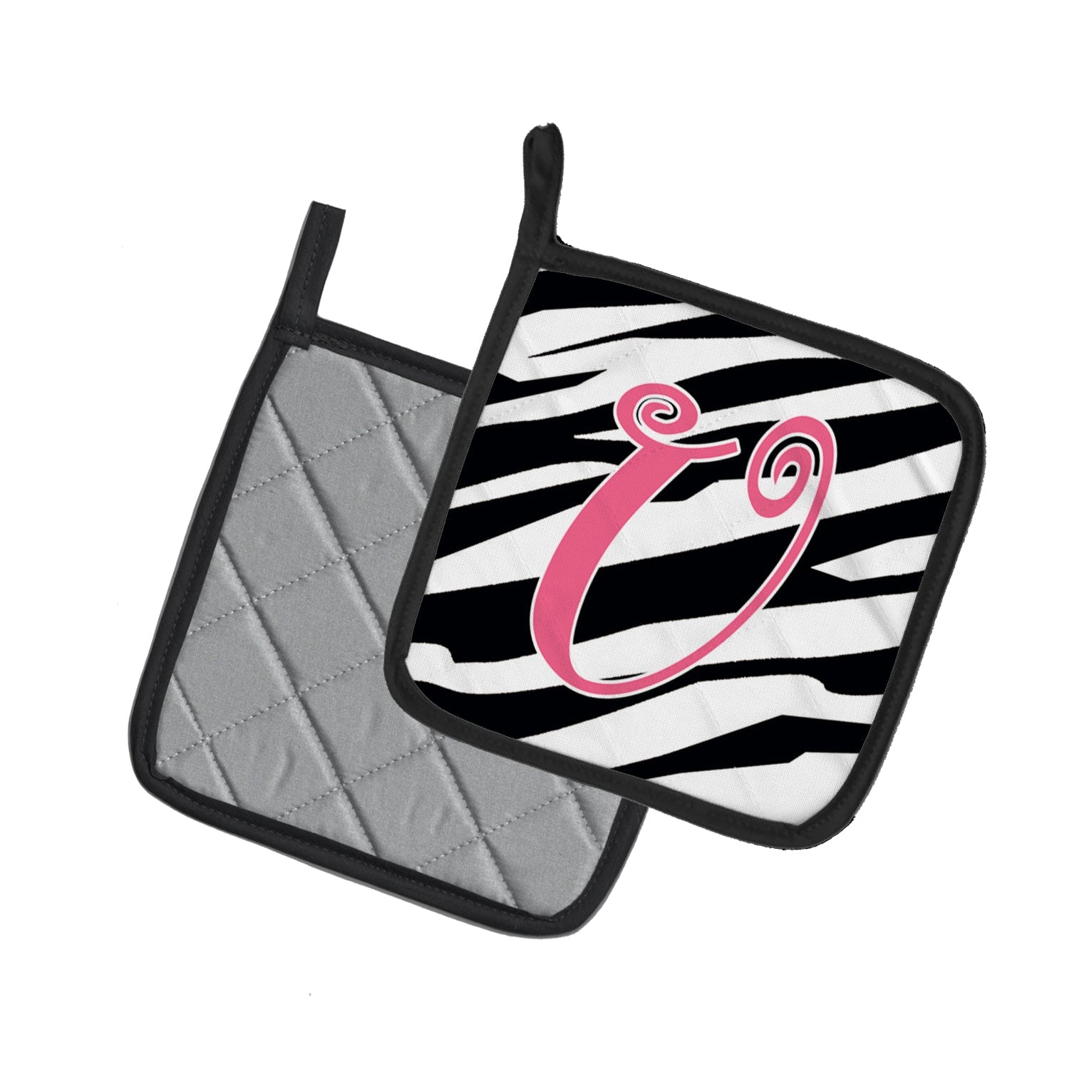 Letter U Initial Zebra Stripe and Pink Pot Holder Set of 2 Heat Resistant Quilted Hot Pads 7.5 x 7.5 Inch, Insulated Kitchen Trivets for Cooking & Baking