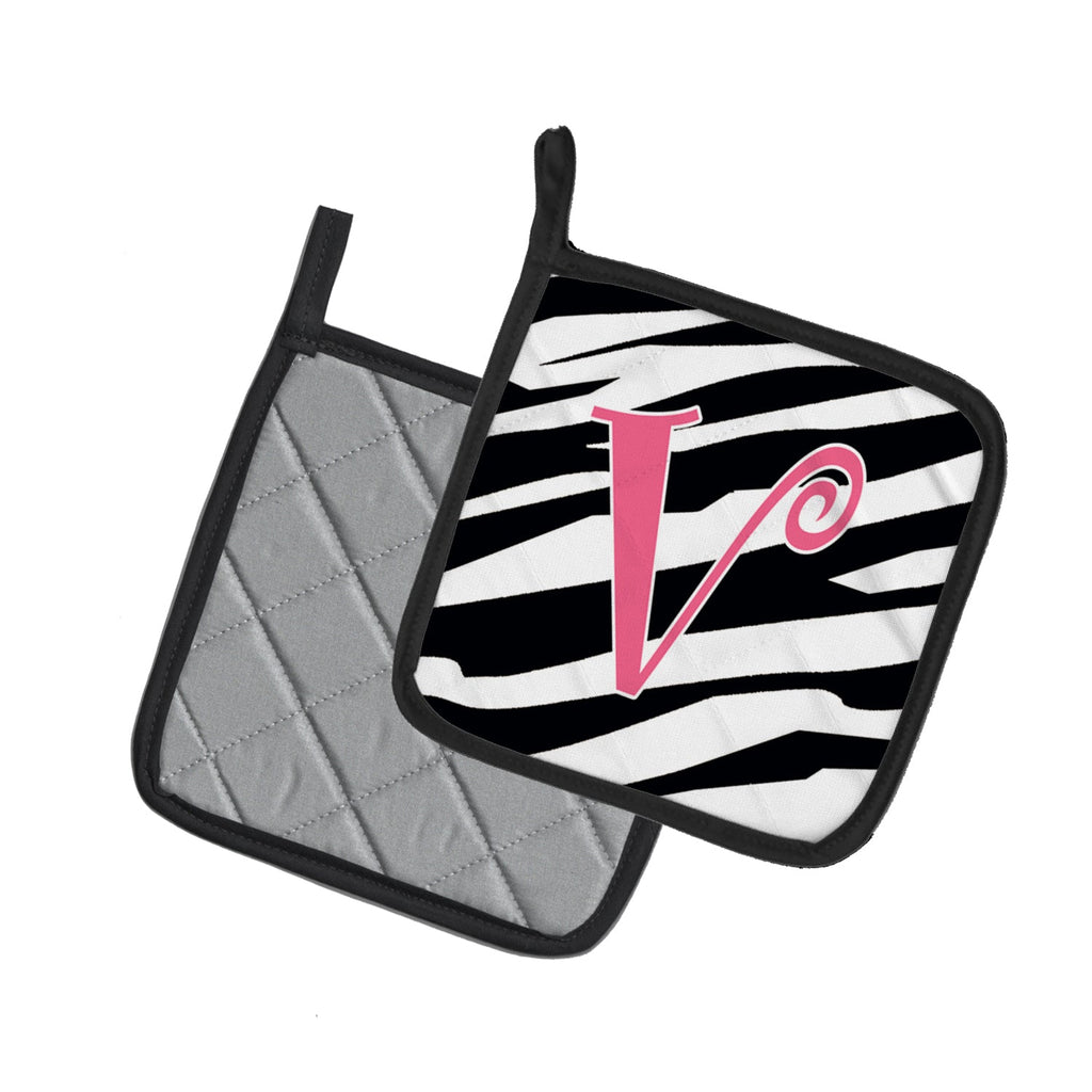 Letter V Initial  Zebra Stripe and Pink Pot Holder Set of 2 Heat Resistant Quilted Hot Pads 7.5 x 7.5 Inch, Insulated Kitchen Trivets for Cooking & Baking