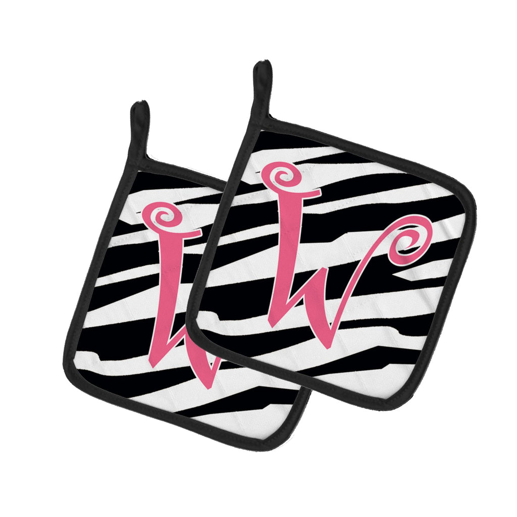 Letter W Initial  Zebra Stripe and Pink Pot Holder Set of 2 Heat Resistant Quilted Hot Pads 7.5 x 7.5 Inch, Insulated Kitchen Trivets for Cooking & Baking