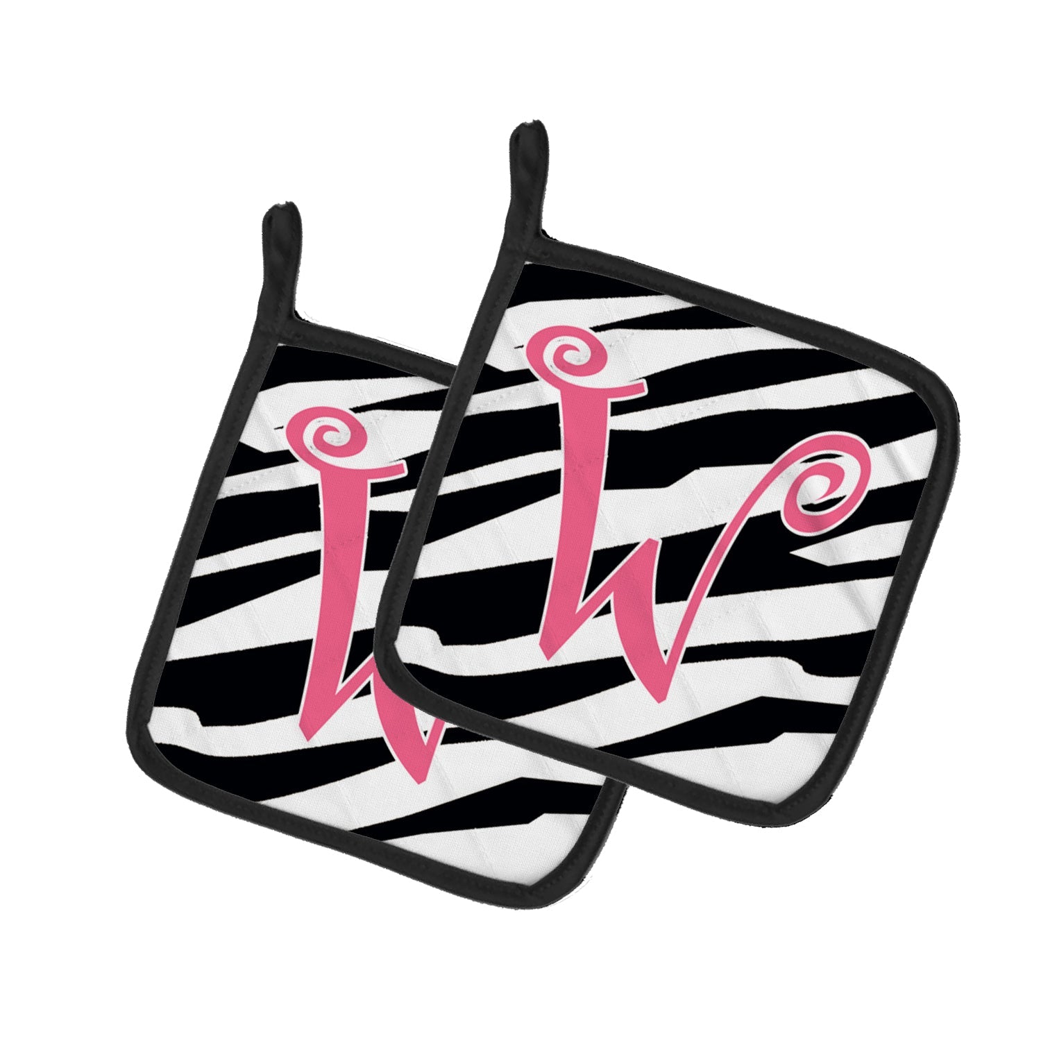 Letter W Initial  Zebra Stripe and Pink Pot Holder Set of 2 Heat Resistant Quilted Hot Pads 7.5 x 7.5 Inch, Insulated Kitchen Trivets for Cooking & Baking