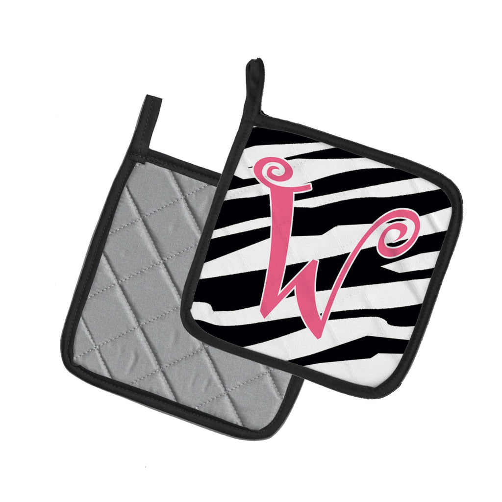 Letter W Initial  Zebra Stripe and Pink Pot Holder Set of 2 Heat Resistant Quilted Hot Pads 7.5 x 7.5 Inch, Insulated Kitchen Trivets for Cooking & Baking