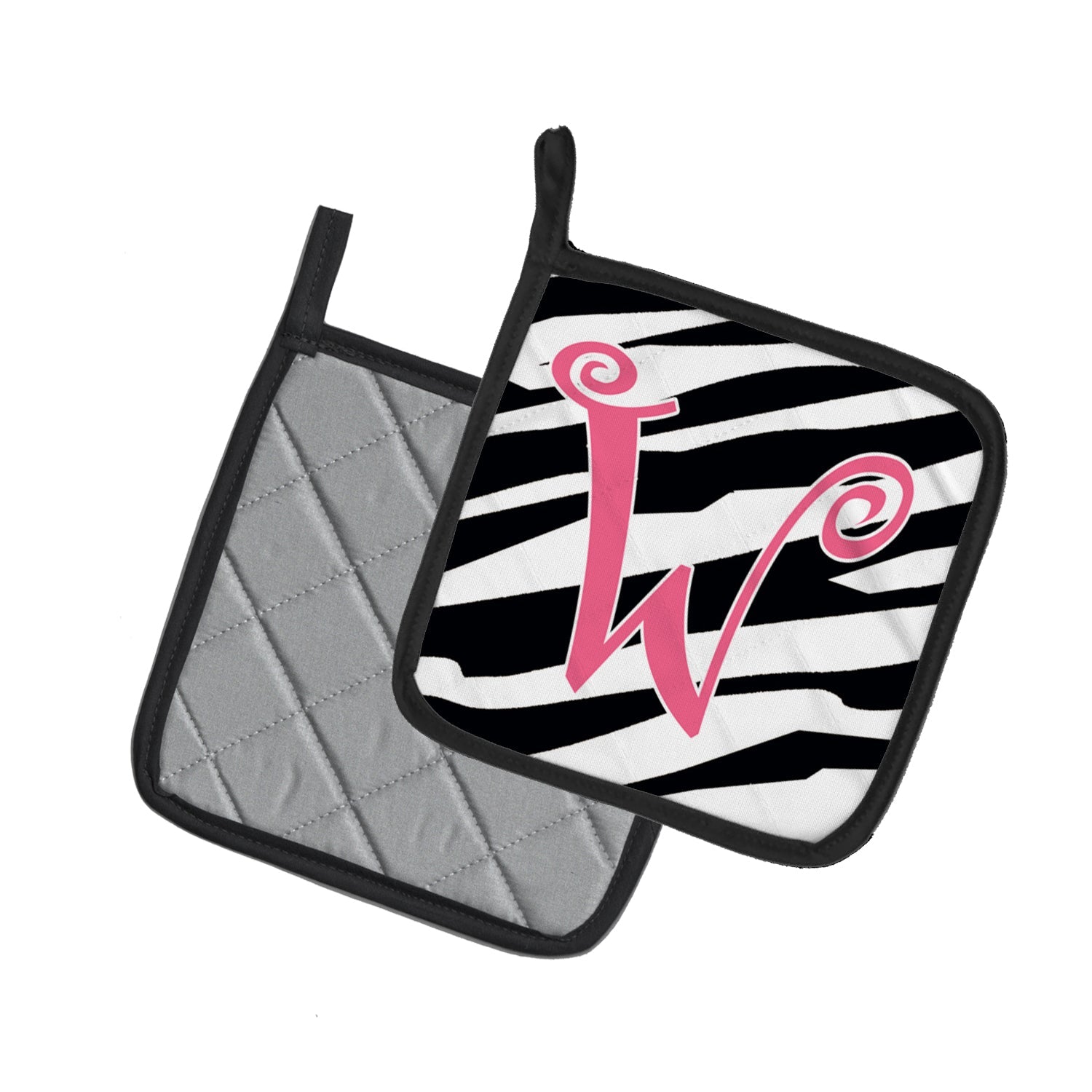 Letter W Initial  Zebra Stripe and Pink Pot Holder Set of 2 Heat Resistant Quilted Hot Pads 7.5 x 7.5 Inch, Insulated Kitchen Trivets for Cooking & Baking