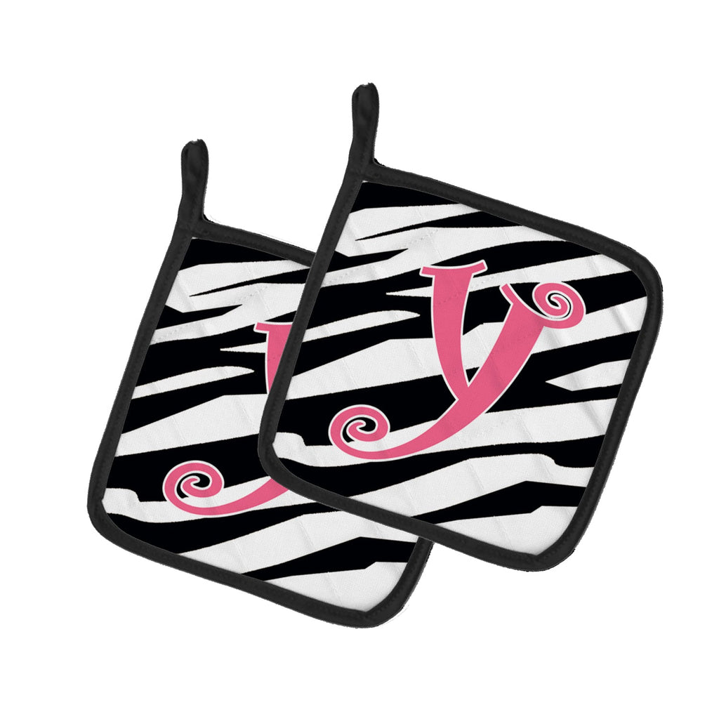 Letter Y Initial  Zebra Stripe and Pink Pot Holder Set of 2 Heat Resistant Quilted Hot Pads 7.5 x 7.5 Inch, Insulated Kitchen Trivets for Cooking & Baking